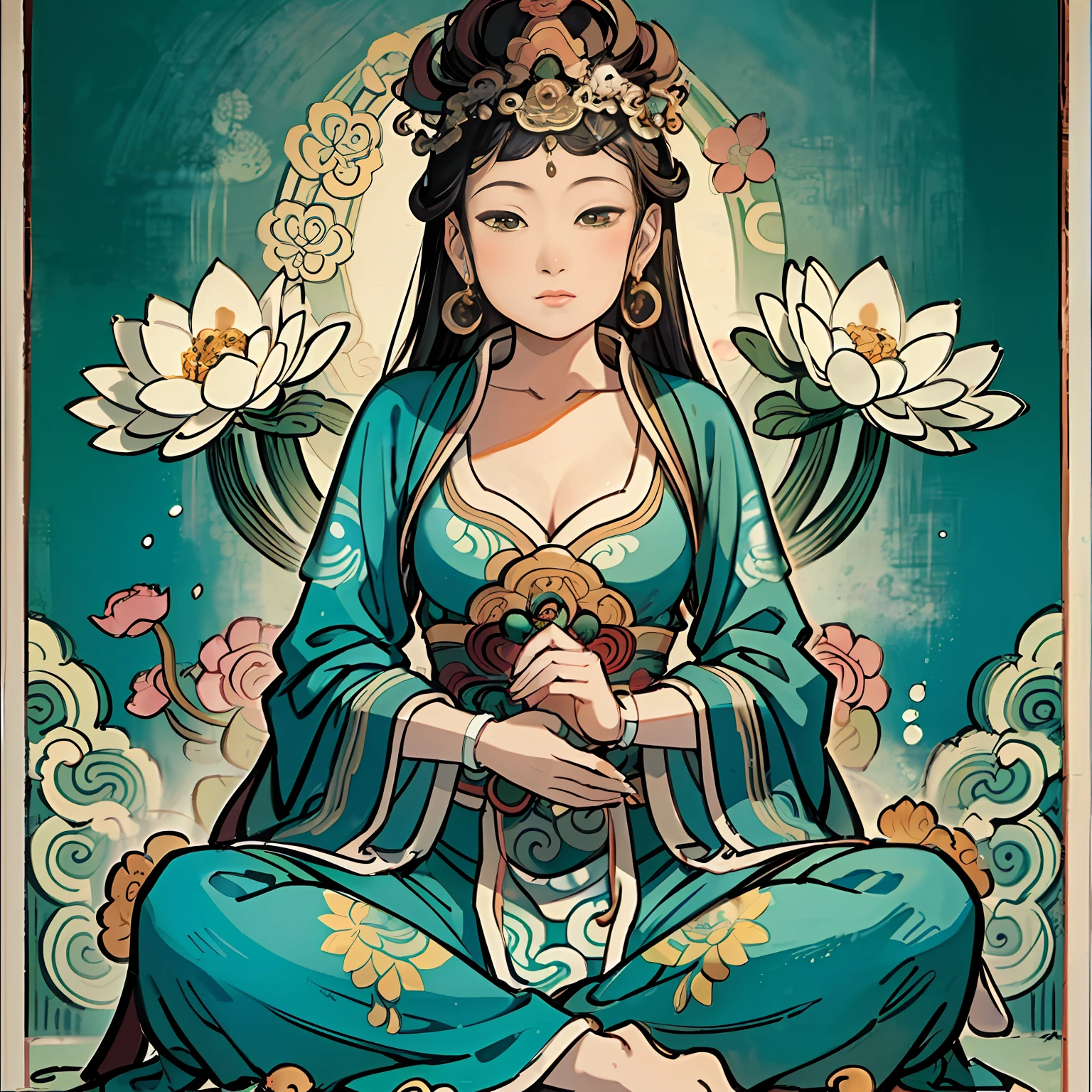 Woman sitting on a lotus,guanyin of the southern seas,Guanyin,contented female bodhisattva,jade sculpture,bodhisattva,queen of the sea mu yanling,serene,Serene expression,shui mo hua,Buddha,Buddhist,Lotus,Chinese painting style,Thangka style