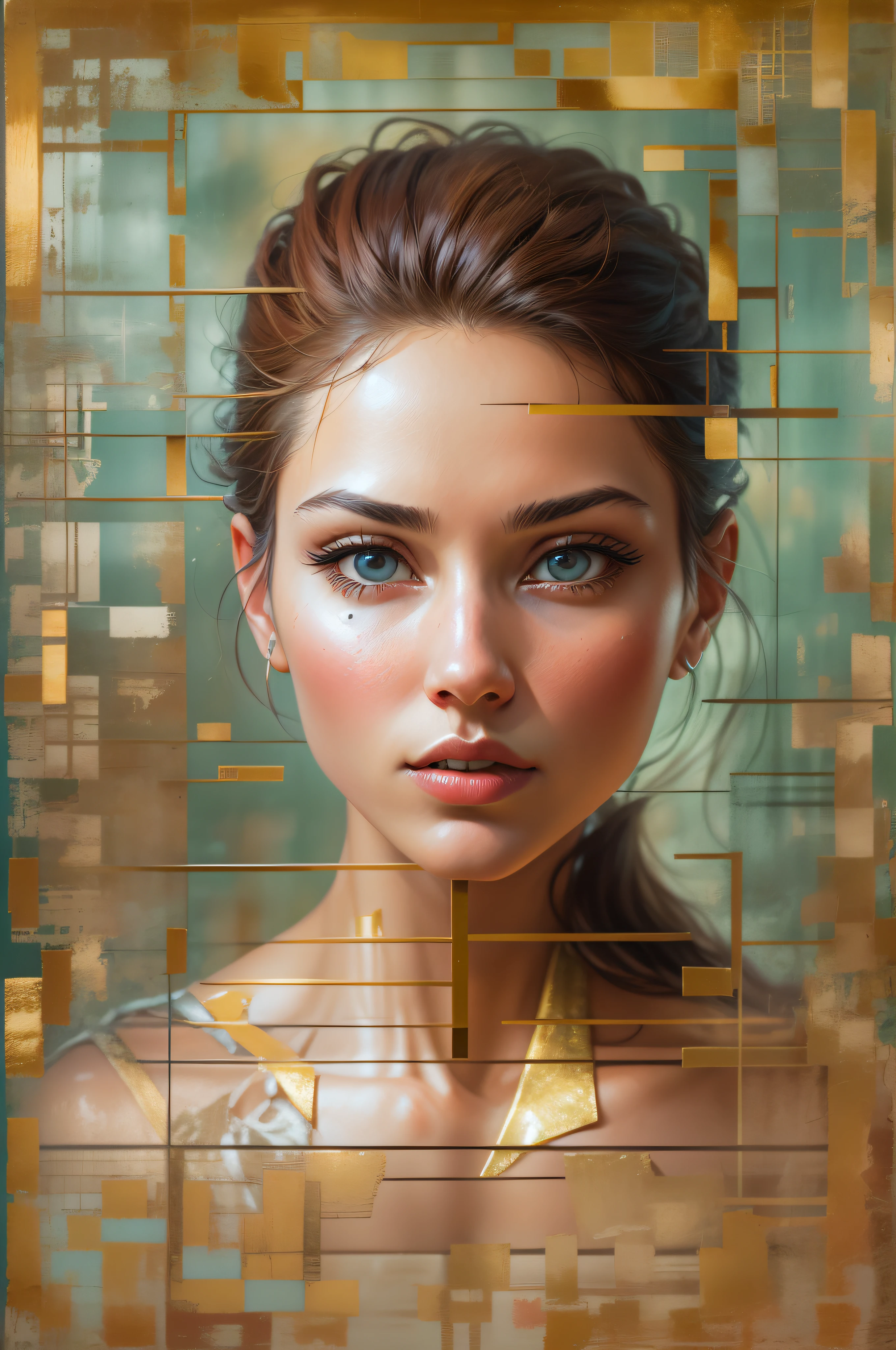 Devise a never-before-seen, super photo realistic concept featuring the frontal face of an exceptionally beautiful woman. Push the boundaries of composition with an eccentric arrangement that demands attention. Utilize the golden ratio and rule of thirds to guide the placement of elements, creating a harmonious yet striking visual. Apply techniques like impasto and glazing to add texture and luminosity, resulting in a mesmerizing and unforgettable artwork.