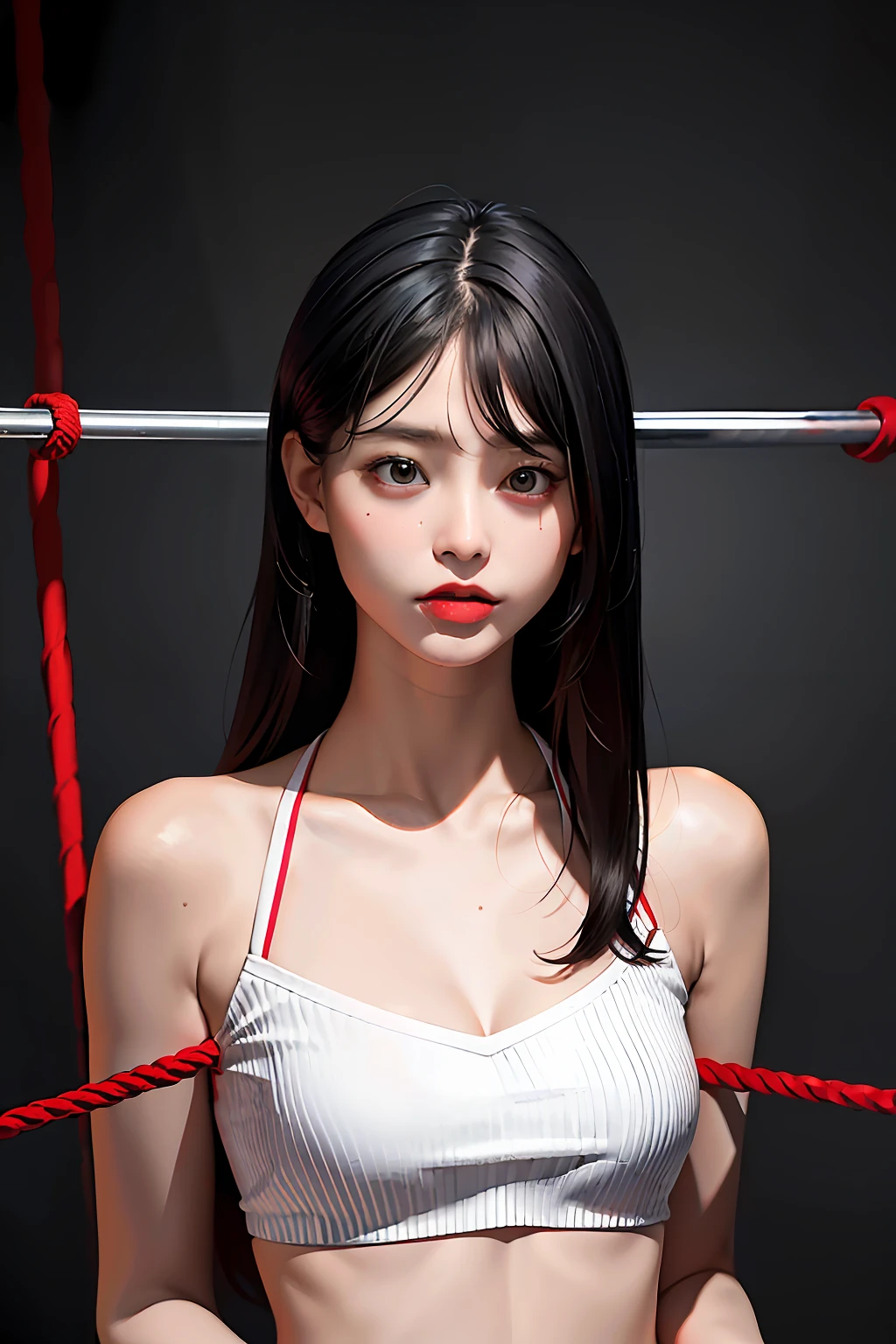tmasterpiece,best qualtiy,(Dark photograph:1.3),realisticlying,1girll,Flat bangs,stunning innocent symmetry face,Broken bikini,Emotional tongue sticking,Chained,The red rope is tight,ulzzangs,(PureErosFace_V1:0.7)
