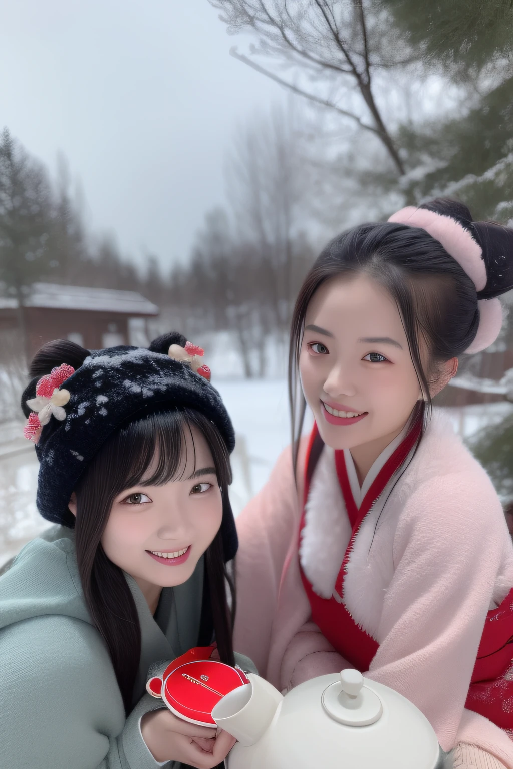 Make tea in a red stove,Meet in the snow,Meet friends。The two Hanfu women had joyful smiles on their faces