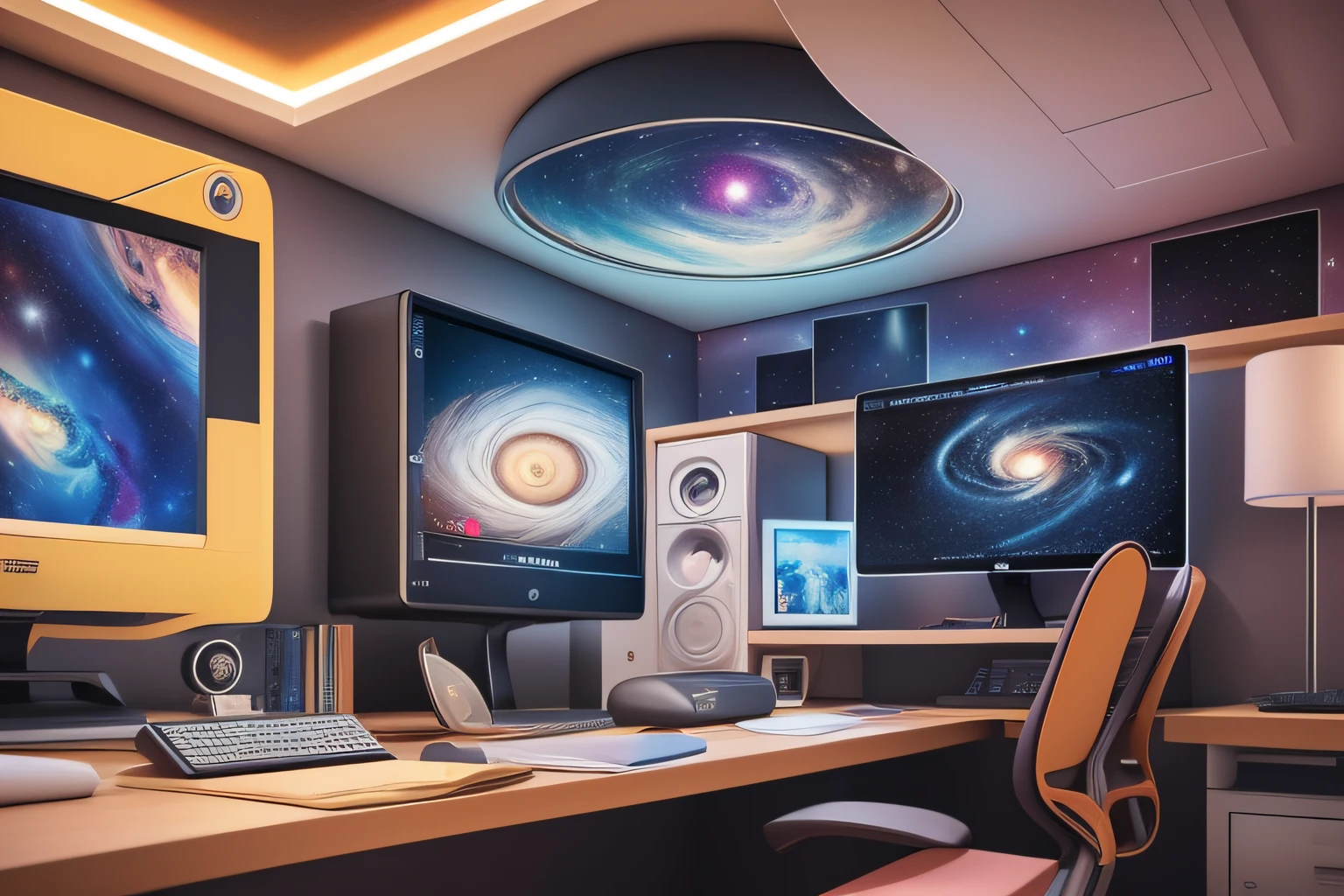 um monitor de computador, um universo colorido invade o quarto, planetas estrela cometas e meteoros espalhados, ambiente de um quarto de uma jovem, elementos detalhados, Intrinsic, retro
