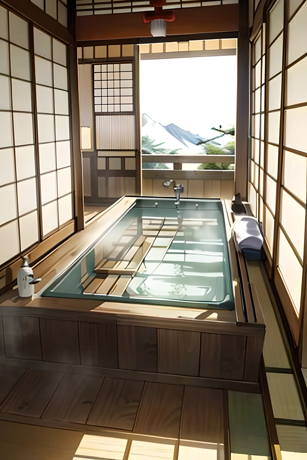 (Bathroom background)((Japanese-style wooden structure)),Hot water in the bath and steam rises