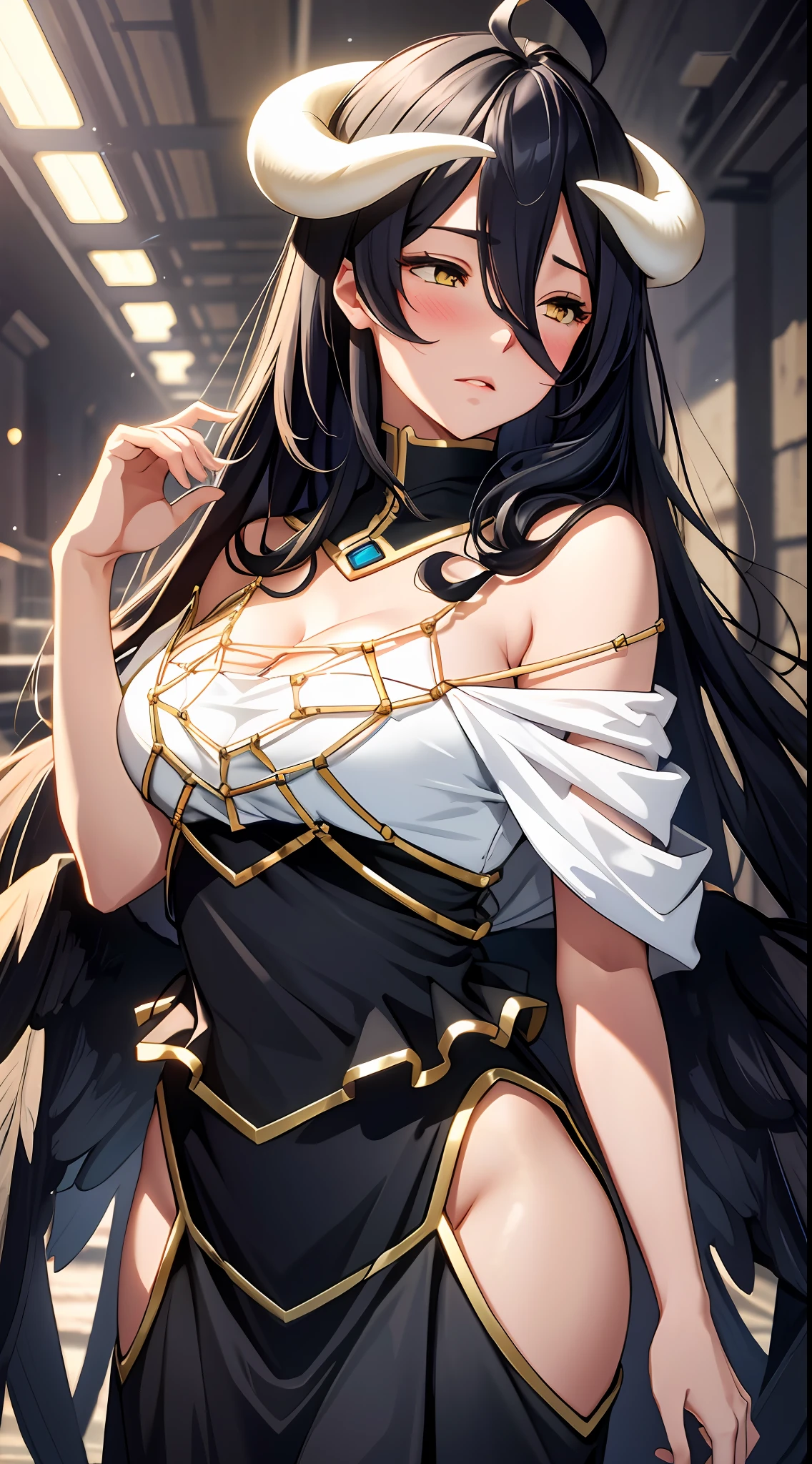 Masterpiece, Best quality, Ultra-detailed, illustration, epic lighting, Cinematic composition, isometry,(hexagons:1.2), 1girll, Horns, Solo, Yellow eyes, Black hair, Long hair, (Low wing:1.2), cleavage, Bare shoulders, hair between eye, Medium breasts, (White dress:1.1), Golden decoration, Detached collar, Raised sexy，dyna，view the viewer, Semi-closed Eyes, (view the viewer:1.1), parted lip, Blush, Black feathers fall, Arena, particle fx, (8K:1.1)