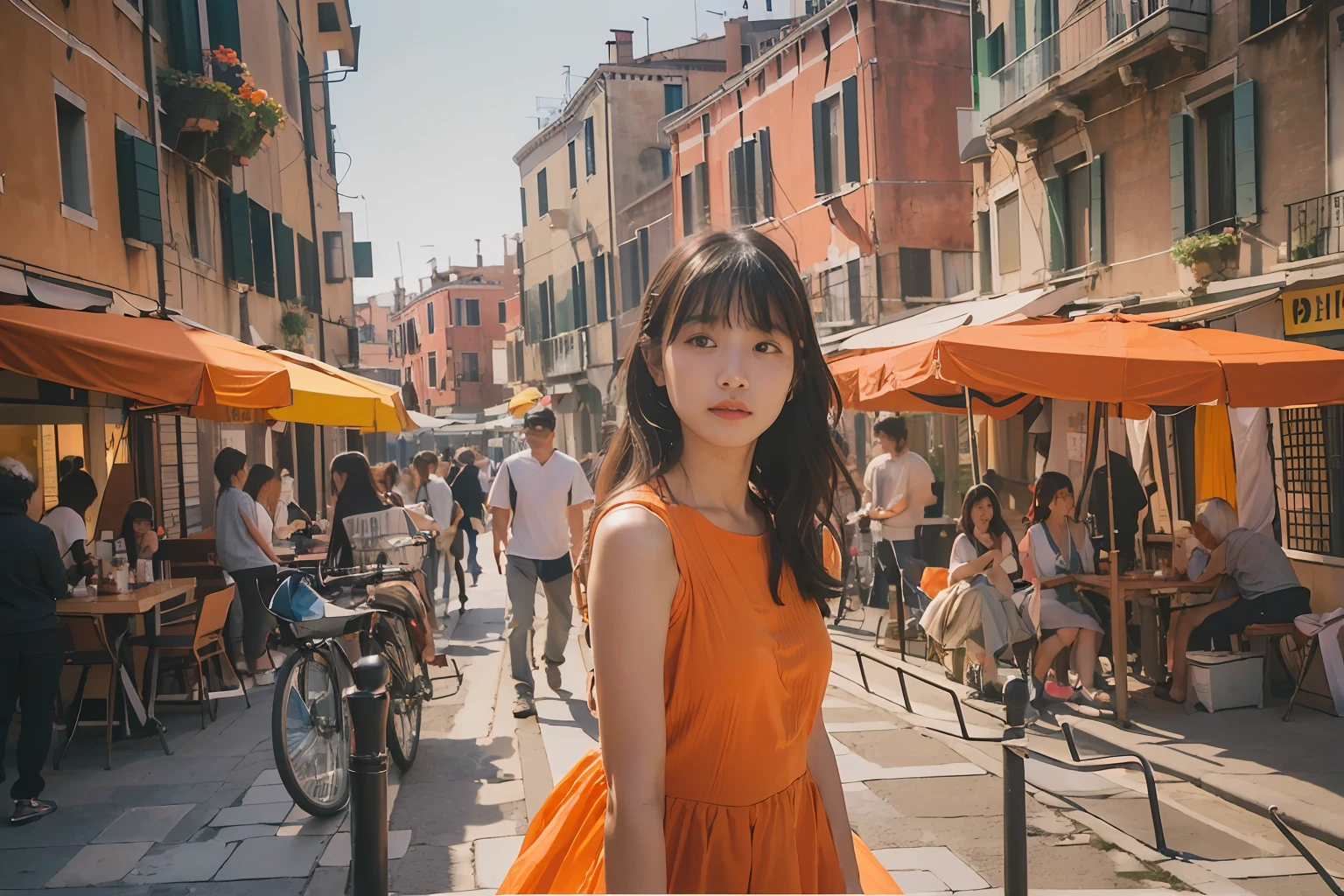 (8K、Raw photography、top-quality、masuter piece:1.2)、ultra-detailliert、ultra res、(realisitic、rialistic photo:1.37), (14yo japanese girl, Round face, Bangs, Walk the streets of Venice in an orange dress), Solo, (Smile:0.5),