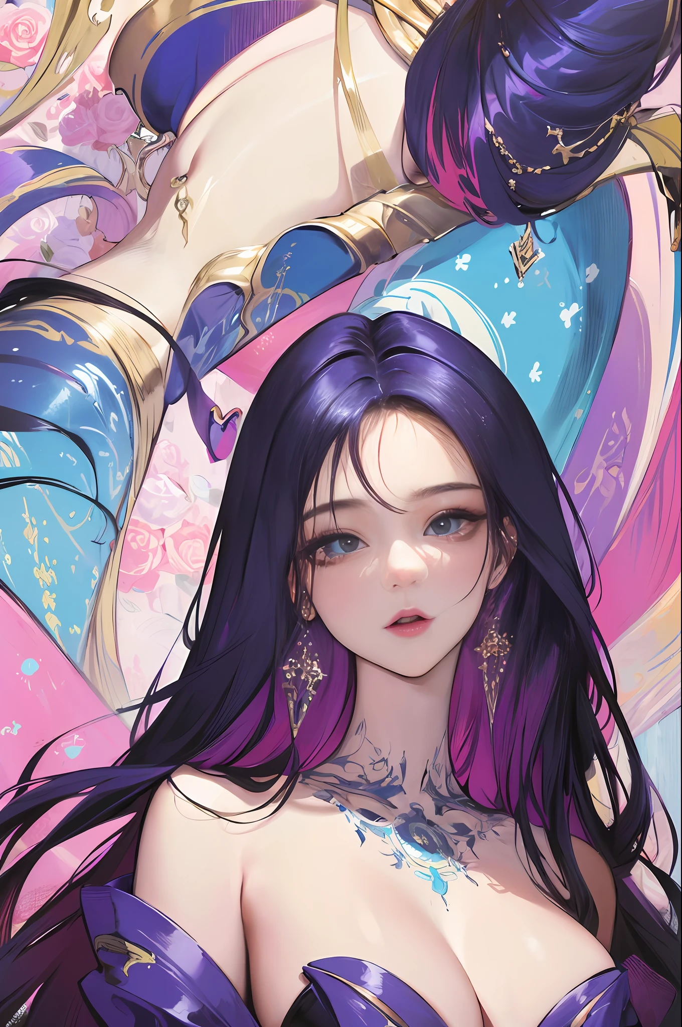 Illustration art, painting art, Whole body movement, Sexy woman in sexy clothes, Soprano Woman, Very cool facial expression, Gorgeous background, Great sexy art, painting art, Sexy art, Detailed body part details, frontage, Lateral face, on back, Inspired by J.c.Ryan Decker, Epic European and American illustrations, Tall, The whole body is evenly sexy