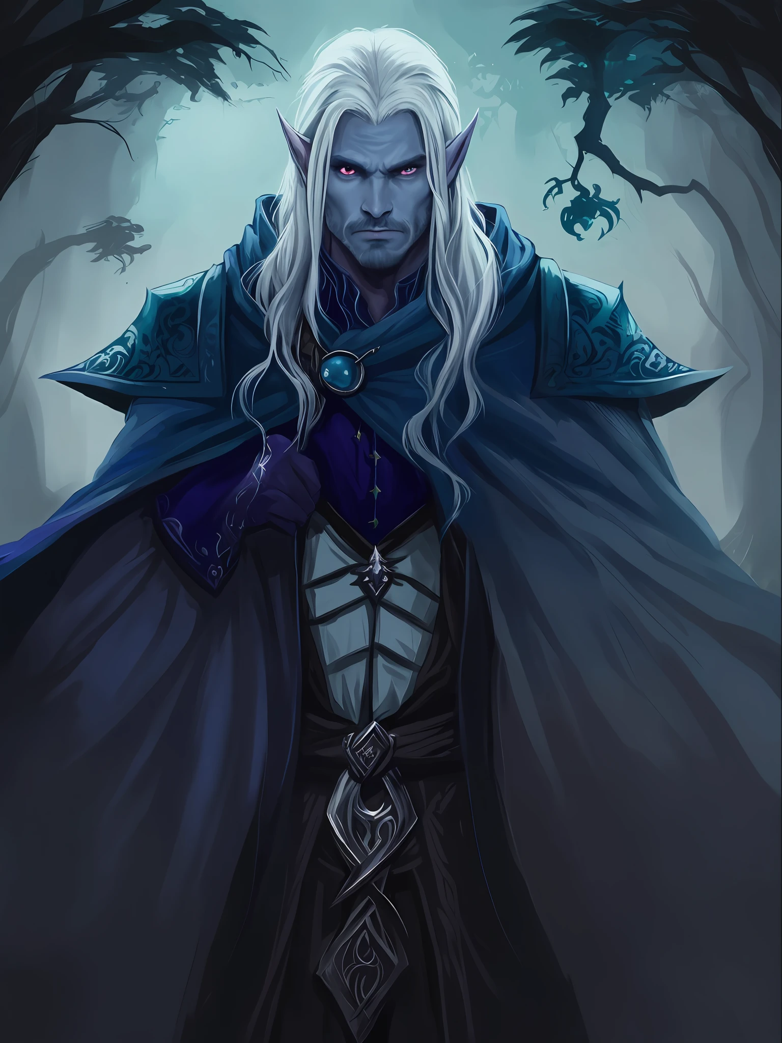 um close up de uma pessoa com cabelo comprido e uma capa, bonito Drow, Drow macho, Retrato de Drizzt Do'Urden, Um retrato de um elfo masculino, lindo Drow macho, Rio Masculino, Drow, elfo masculino de pele prateada, um elfo macho, de um elfo de anel elden, Retrato de fin wildcloak