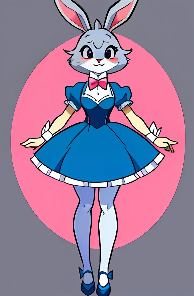 Cartoon Bunny，Blue dress and pink bow, edgBunny_Character, cute character,, female furry mini cute style, cute anthropomorphic bunny, Game character design,, Judy Hopps, Stylized anime, ( ( concept art of character ) ), anthropomorphic rabbit