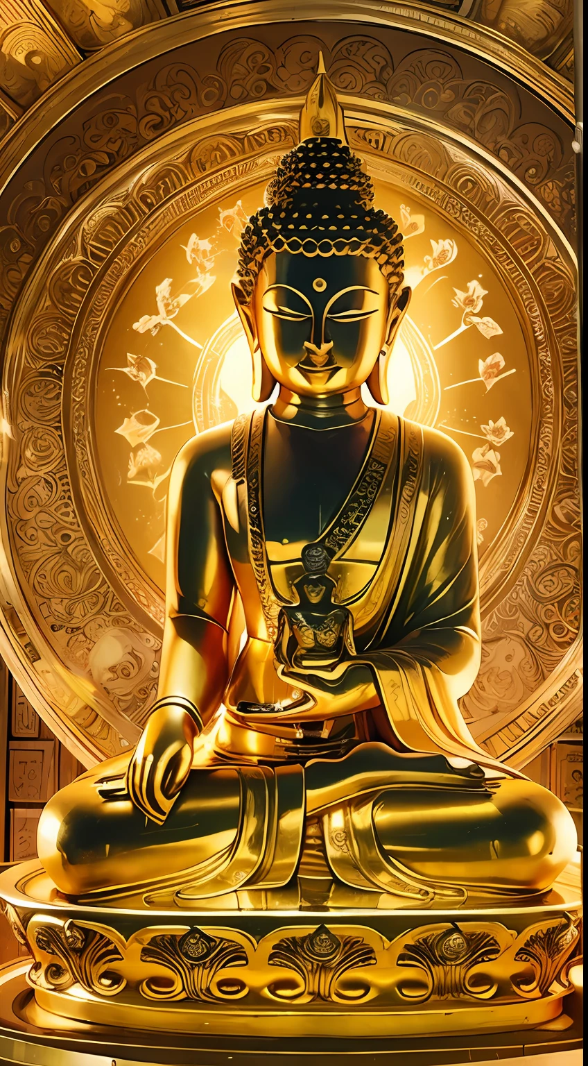Golden Buddha statue with a shining halo on it, buddhism, the buddha, budista, Buddha, samsara, enlightenment, beautiful gold saint, Spiritual enlightenment, Pushkarakuha, Enlightenment, buddhist art, Shining golden aura, Enlightenment. Convoluted, on path to enlightenment, on path to enlightenment, radiating golden light