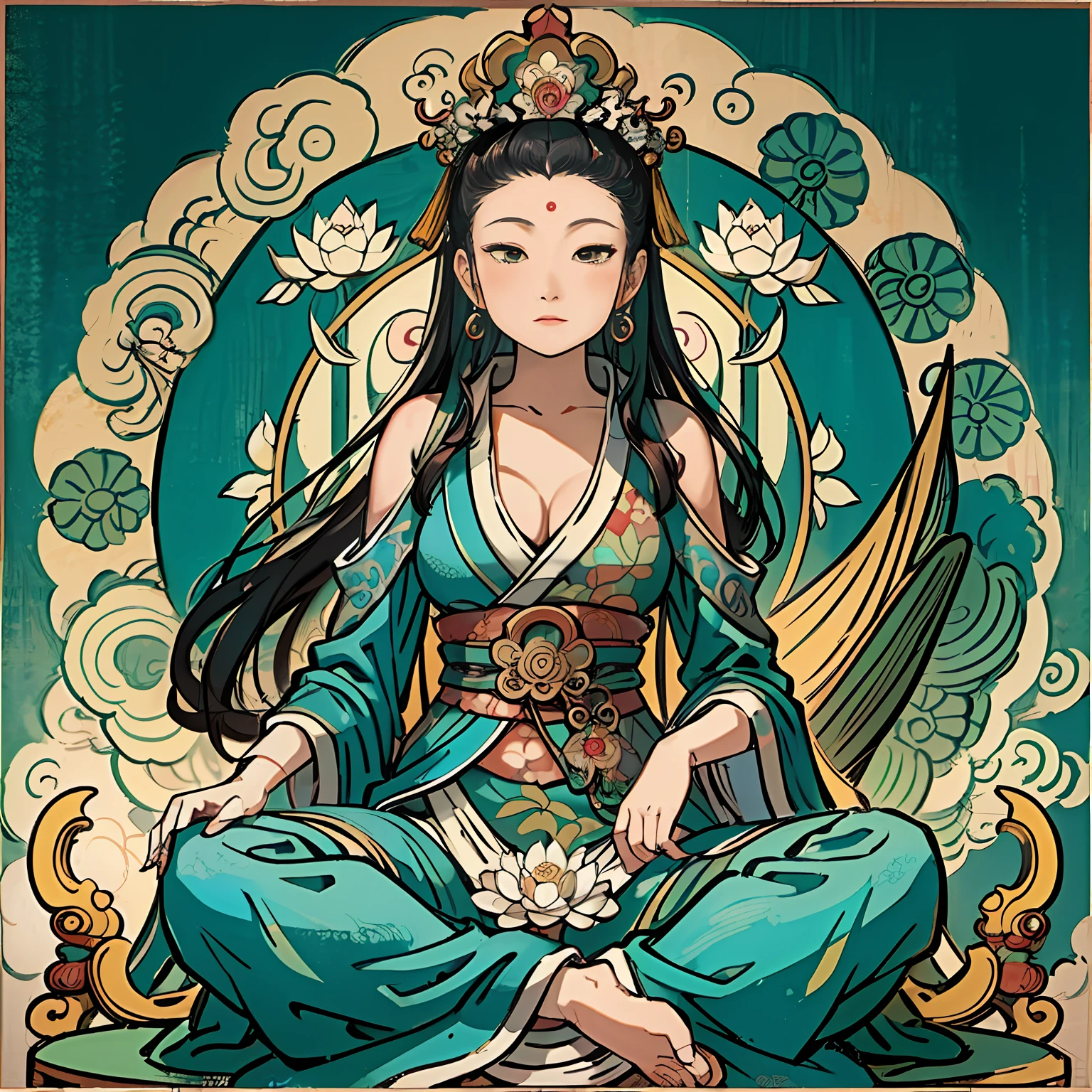 Woman sitting on a lotus,guanyin of the southern seas,Guanyin,contented female bodhisattva,jade sculpture,bodhisattva,queen of the sea mu yanling,serene,Serene expression,shui mo hua,Buddha,Buddhist,Lotus,Chinese painting style,Thangka style