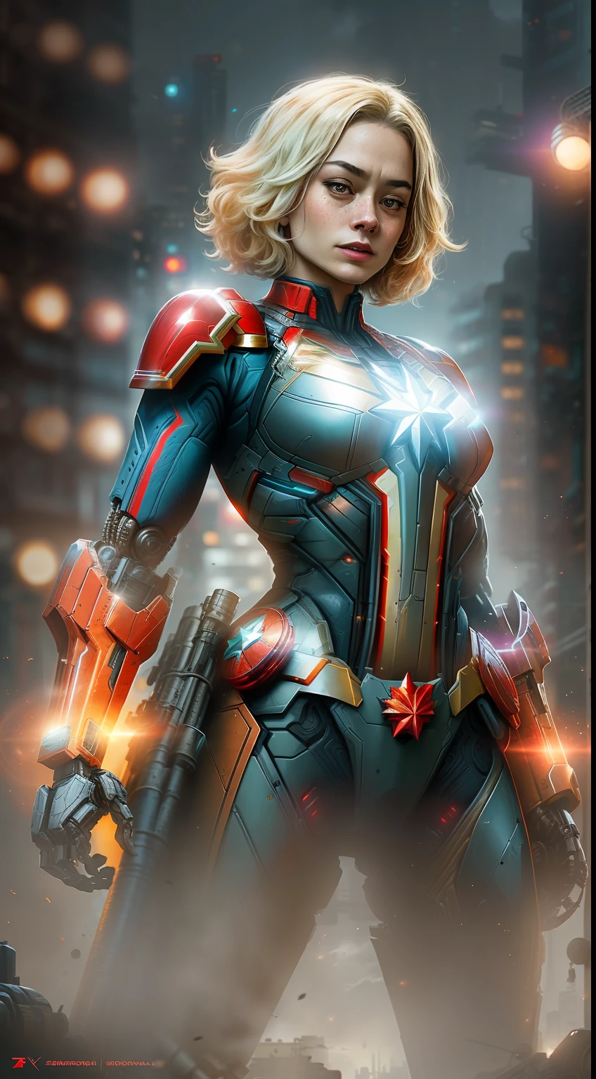 Captain marvel from Marvel photography, biomechanics, complex robot, red, full growth, hyper-realistic, crazy little details, incredibly clean lines, cyberpunk aesthetic, masterpiece featured on Zbrush Central, cyberpunk city backdrop