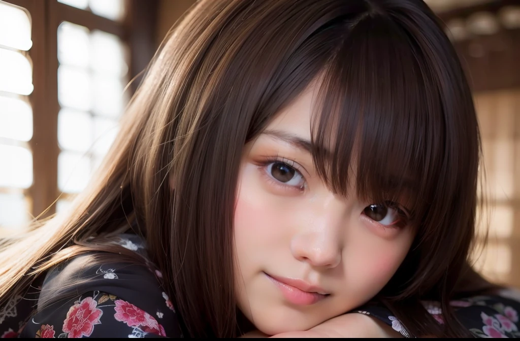 top-quality、masterpiece、超A high resolution、(Photo Real:1.3)、slender figures、dark brown hair、kimono、kyoto、Highly detailed facial and skin texture、A detailed eye、二重まぶた、A big smile、fully body photo、85mm Lens、F-1.8、AccentLighting