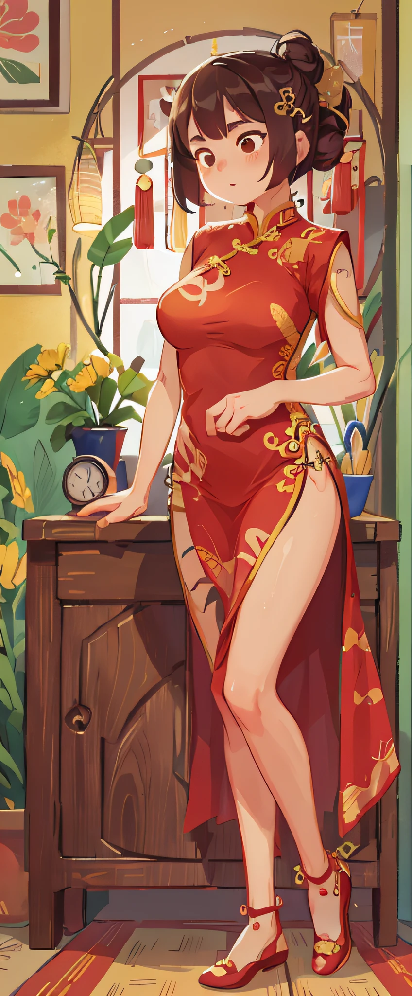 A woman wearing a Chinese cheongsam，shoe （tmasterpiece：1.2） （realisticlying：1.2）