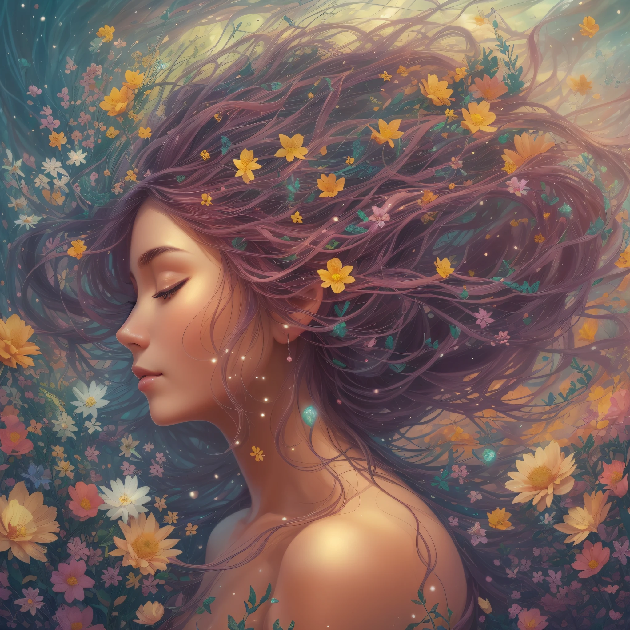 (obra-prima), uma garota de cabelos encaracolados se reclina sobre as colinas verdes com delicadas flores. Glowing particles dance around her, A unique flower adorns your hair, complementando sua pose encantadora. Uma pintura digital ganha vida, onde a natureza exala suas cores mais vivas. The harmony of the scenery reflects the inner peace she feels. 8k