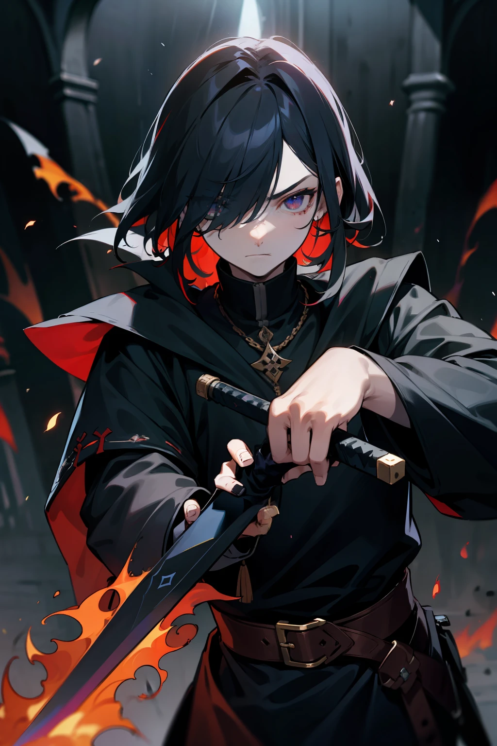 A medieval male assassin around ************，Black broken hair，There are bangs on the forehead，One eye is completely pale blue，One eye is completely dark red，The expression is indifferent，In his left hand, He was holding a black dagger，The blade of the dagger burned with deep purple flames，Cold gaze，In the arena，The is very detailed