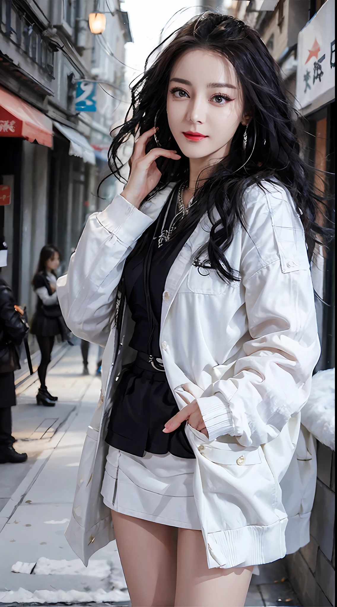 ((best qualtiy,tmasterpiece,超高分辨率)),(realisticlying:1.4),Chinese actress Di Li Gerba,(Korean star poster-like),1girll,From head to knee,Dynamic posture,adult face,Slim,(ssmile),(shiny skins),(contours,frontage,eventide),whaite hair,long whitr hair,黑The eye,(Top Parisian fashion),((White plush coat)),(Sweaters,short skirt),(Falling snow:1.5,snow cover,outside),(Clear eyes),(Clear nose),(Clear lips),(Fair skin),(Ultra-realistic textile textures)