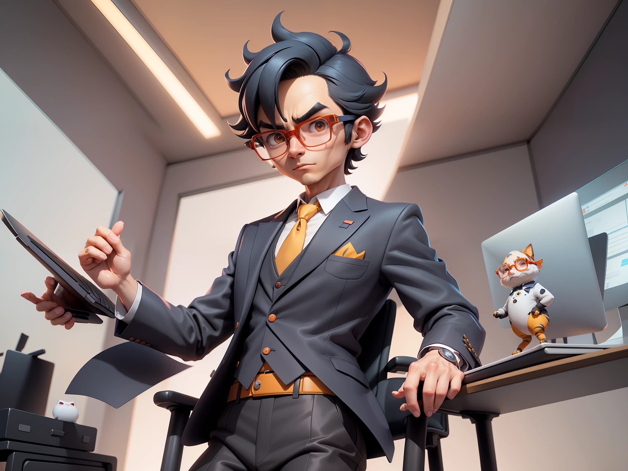 A young man in a suit, Short hair and glasses sat at his desk，holding laptop，digitial painting，tigre，3D character design by Mark Clairen and Pixar and Hayao Miyazaki and Akira Toriyama，4K HD illustration，Very detailed facial features and cartoon-style visuals。