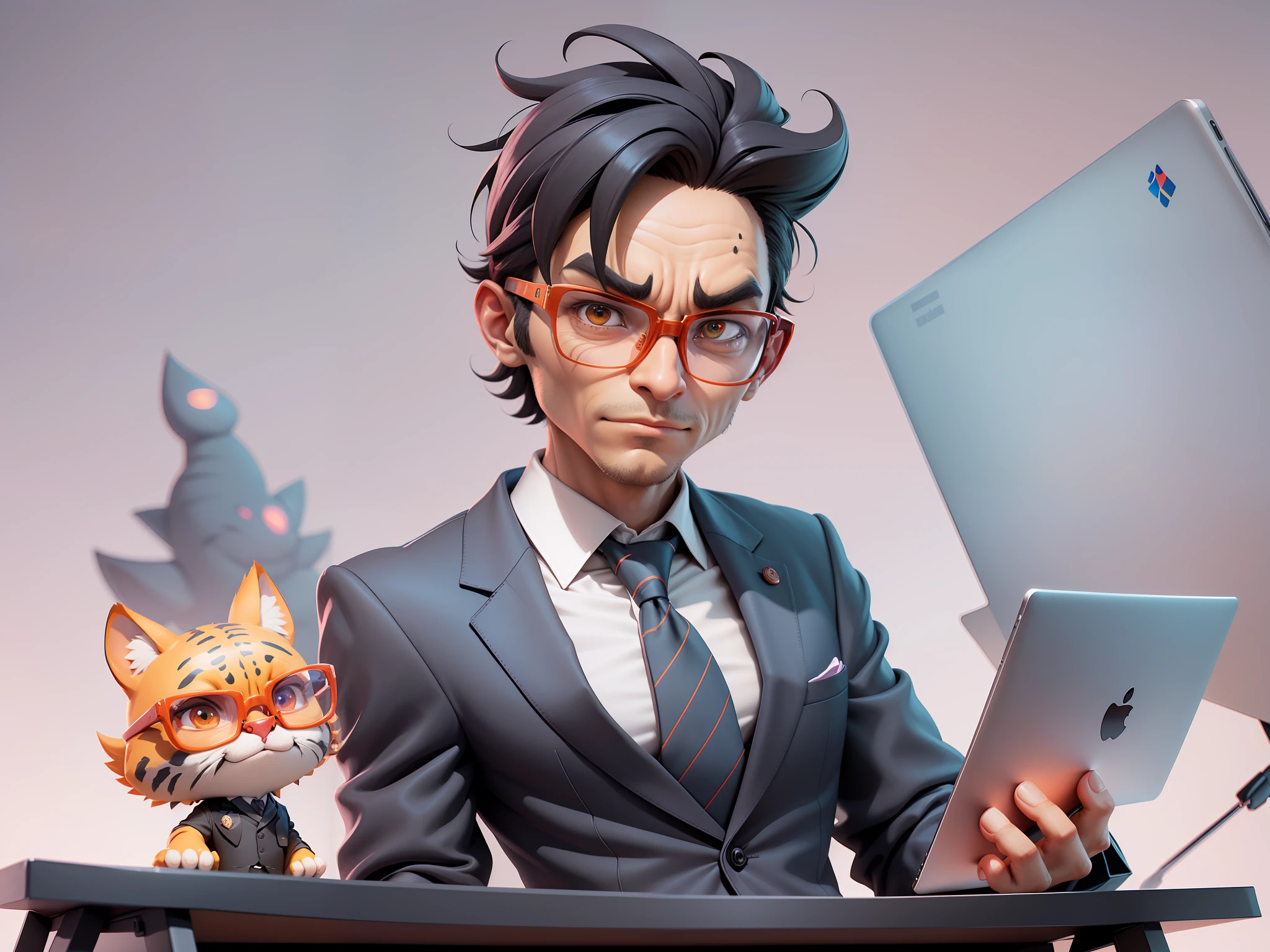 A young man in a suit, Short hair and glasses sat at his desk，holding laptop，digitial painting，tigre，3D character design by Mark Clairen and Pixar and Hayao Miyazaki and Akira Toriyama，4K HD illustration，Very detailed facial features and cartoon-style visuals。