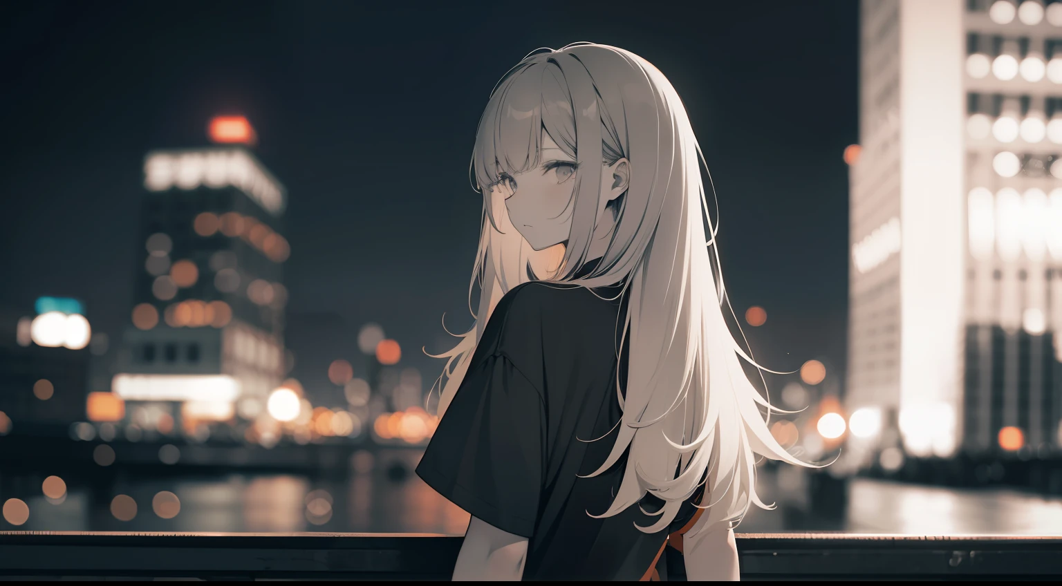 faded tone, monochrome, a little dark orange tone, cool lady long bangs, hipster, grey hair, upper chest shot, monochrome, black, blue, t shirt, heavily blurred background, city at night, from back, looking back, blurry image as a whole