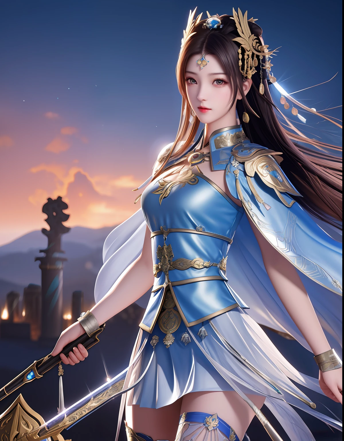 best quality, masterpiece, high resolution, 1girl, ancient chinese battlefield background, metal armor, cape, metal collar, ancient spear, hair ornament, necklace, jewelry, beautiful face, upon_body, tyndall effect, realistic, dark studio, edge lighting, duotone lighting, (high detail skin:1.2), 8k uhd, dslr camera, soft lighting, high quality, volumetric lighting, frank, photos, high resolution, 4k, 8k, bokeh, silver bikini armor, Ancient metal spear, chest embroidered phoenix, metal cuirass, tight, bare arms, weapons, short bracers, stockings, weapons