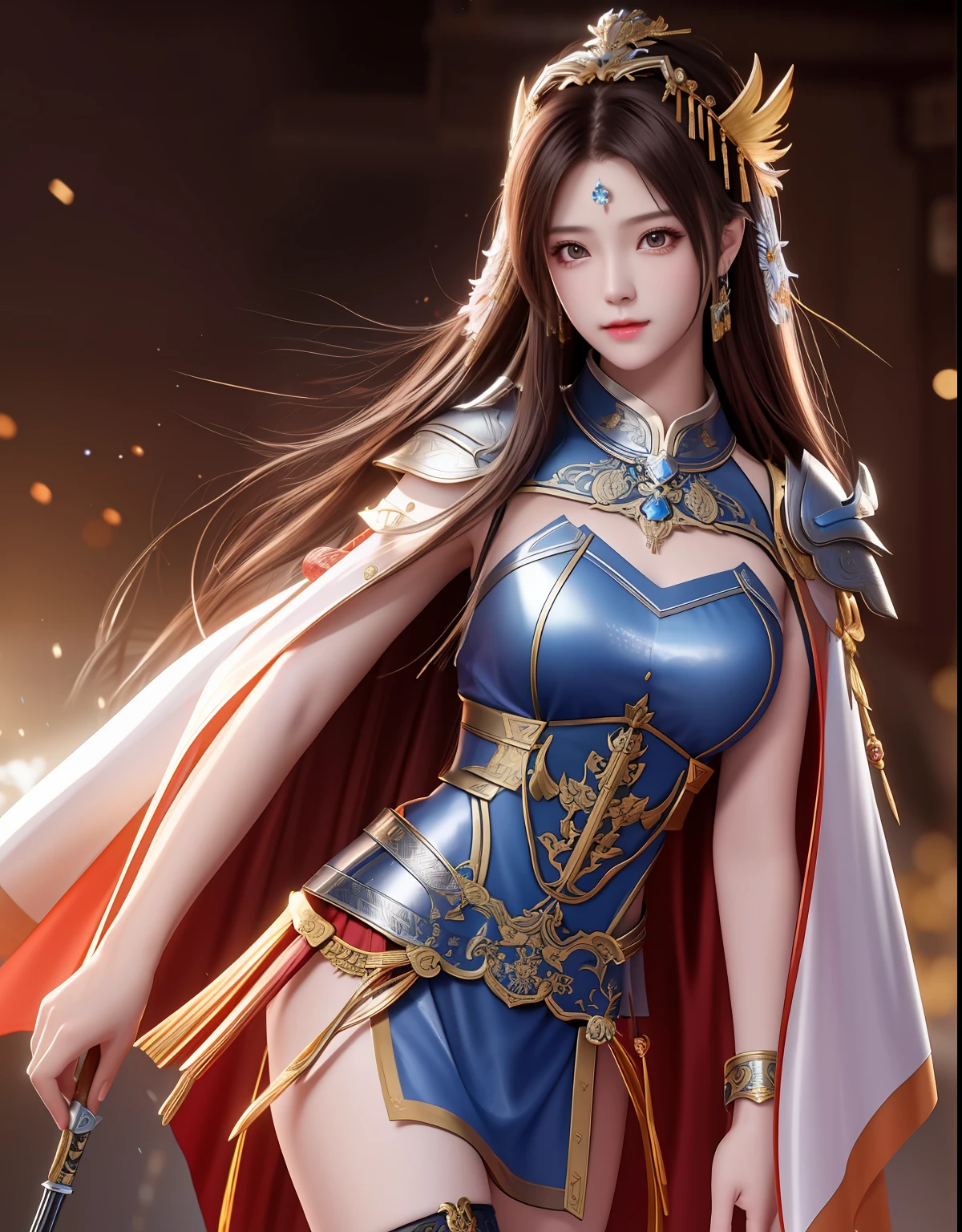 best quality, masterpiece, high resolution, 1girl, ancient chinese battlefield background, metal armor, cape, metal collar, ancient spear, hair ornament, necklace, jewelry, beautiful face, upon_body, tyndall effect, realistic, dark studio, edge lighting, duotone lighting, (high detail skin:1.2), 8k uhd, dslr camera, soft lighting, high quality, volumetric lighting, frank, photos, high resolution, 4k, 8k, bokeh, silver bikini armor, Ancient metal spear, chest embroidered phoenix, metal cuirass, tight, bare arms, weapons, short bracers, stockings, weapons