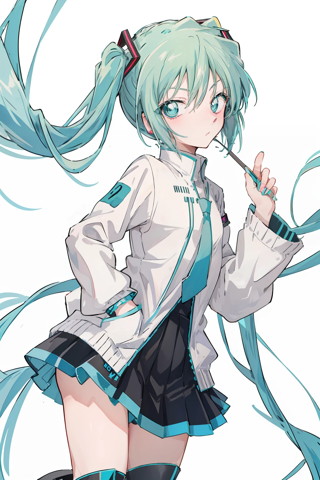 tmasterpiece,Colorful,Best quality at best,独奏,1girll,Boots,green-eyed,A high resolution,looking at viewert,standing on your feet,Manteau blanc,(校服:1.3),hands in a pocket, anime girl with long blue hair and a white shirt and black skirt, Hatsune Miku, Portrait of Hatsune Miku, Hatsune Miku short hair, vocaloid, hatsune miku portrait, Os amigos, mikudayo, Anime girl with teal hair, Hatsune Miku cosplay, hatsune miku face, style of anime4 K, An anime girl, attractive anime girls