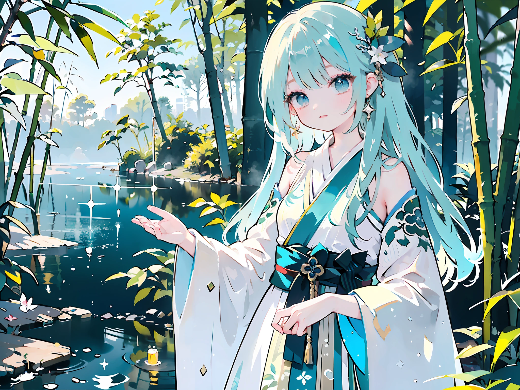 Masterpiece, top quality, official art, 8k wallpaper, highly detailed illustration, one girl, azure hair, long hair, detailed eyes, forest, bare shoulders, Hanfu, lake, pure, soft smile, bamboo, tea