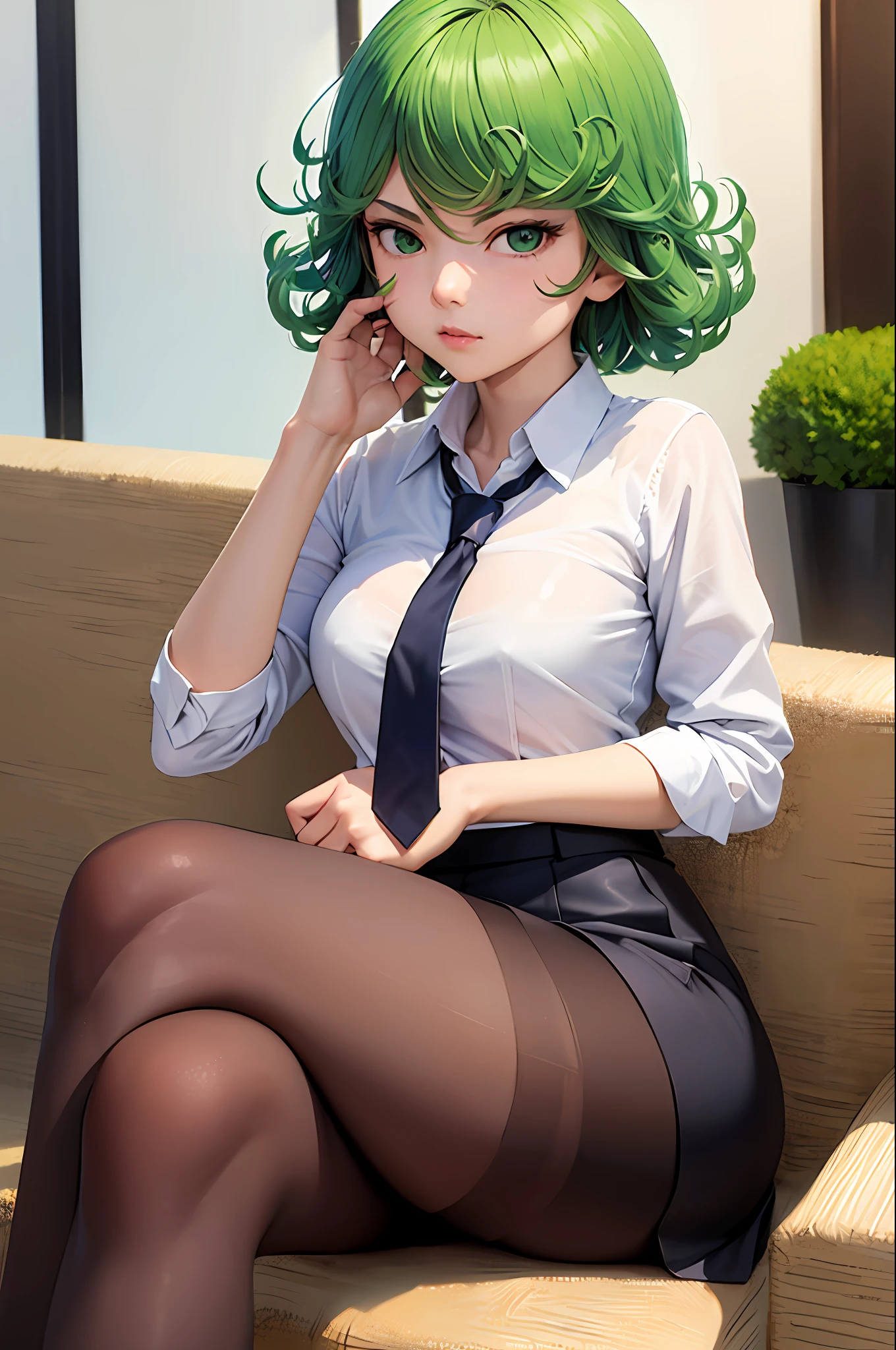 Nsfw, (masterpiece, best quality:1.2), solo, 1girl, tatsumaki, unamused, closed mouth, looking at viewer, hand on own face, sitting, crossed legs, collared shirt, necktie, skirt, pantyhose