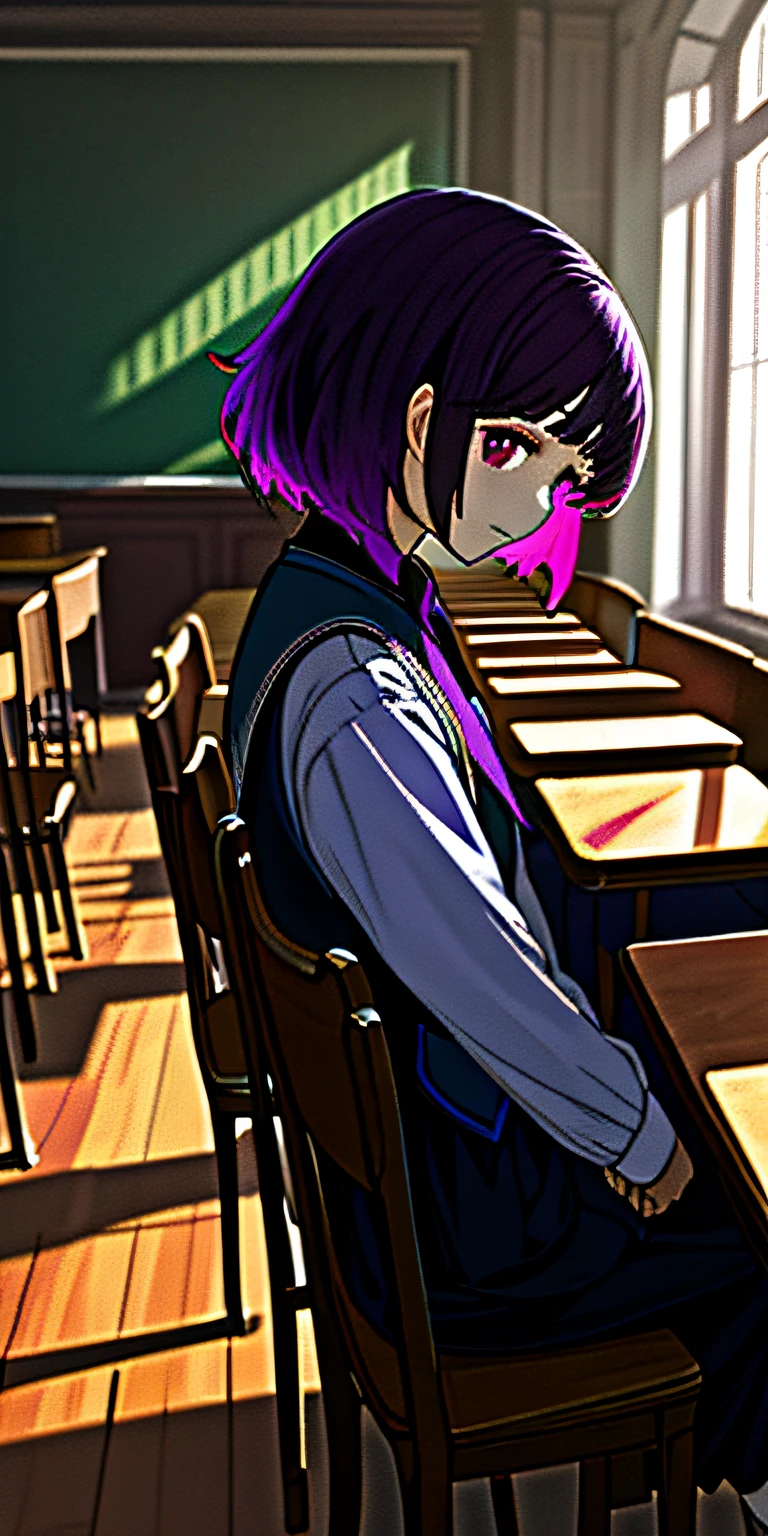 tmasterpiece,A high resolution,best qualtiy,1girl solo,Dark classroom,tables and chairs,squatt,sad,Purple eye,black color hair