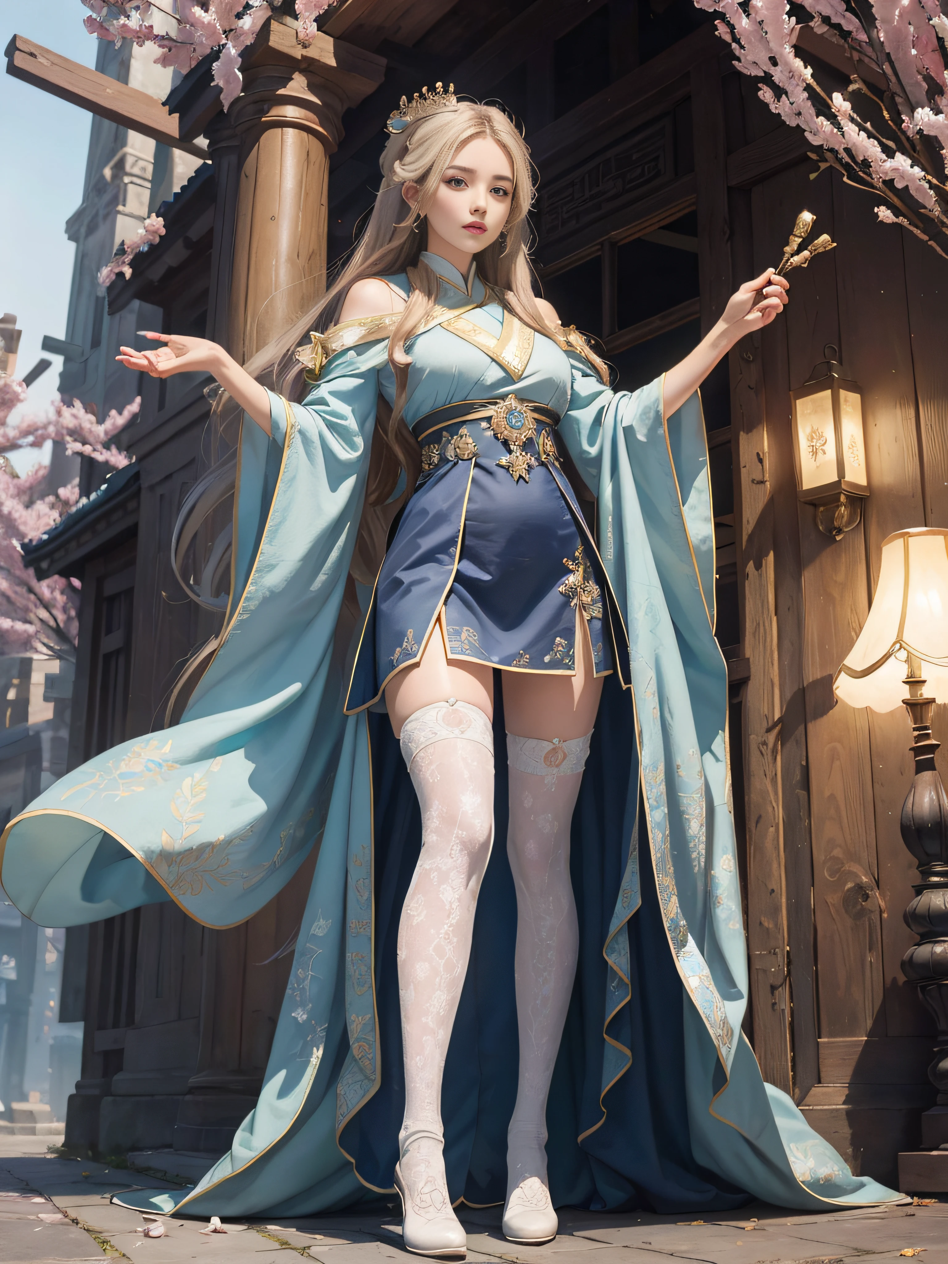 Royal sister,Big sister type,gallant woman,Cold sass,,tmasterpiece,A high resolution,,Absolutely beautiful,,are standing,Queen temperament,exquisitedetails,A high resolution,Wallpapers,1female,独奏,Ancient tube shoes,Revealing the boot look,over knee socks,Stockings,enchanted、Raised sexy, Rich expressions, trinkets,Fluttering, Hanfu,, embroidery, long skirt, natural poses, Fanning,16K,HDR,A high resolution,depth of fields,Bocoon,prime time,Vignette,rainbowing,(Wide buttock:1.4),(Thick legs:1.4)