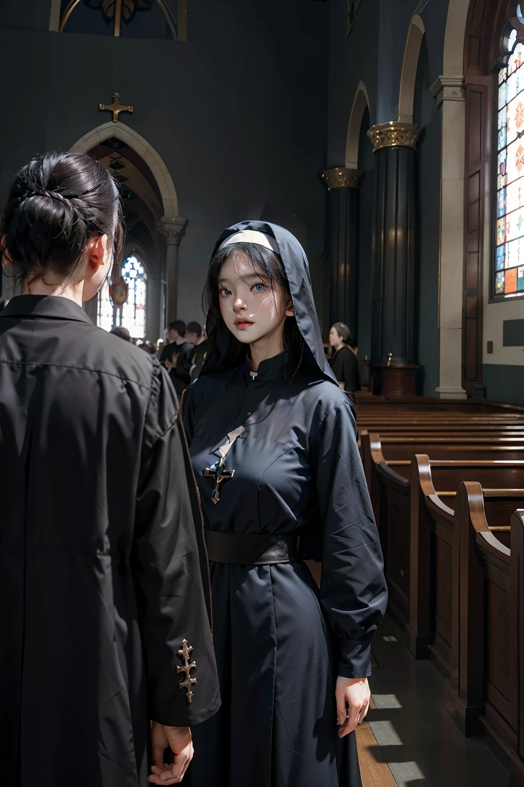 Best Picture Quality,Masterpiece level,超高分辨率,Realistic CG unity 8k wallpaper,RAW photogr,one-girl,Black nun dress,blue color eyes,The background is the interior of the church,Fresh and unearthly,Sacrosanct。