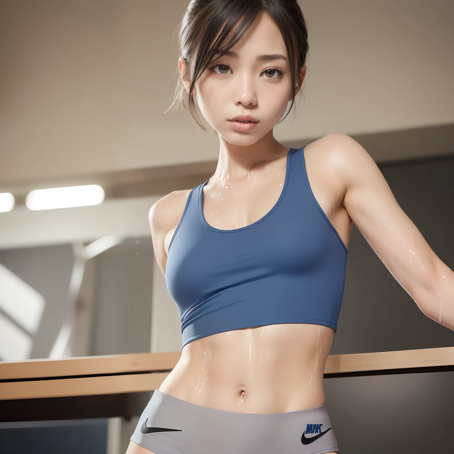 (solo), (a detailed full body RAW photo of a girl), (masterpiece:1.0), (best quality:1.4), (ultra highres:1.2), (photorealistic:1.4), 8k resolution, Canon EOS R5, 30mm, absurdres, ultra detailed, (30yo), sharp focus, cinematic lighting, detailed beautiful face, (no make up:1.2), (ulzzang-6500-v1.1), petite figure, detailed skin texture, flat chest, (skinny and fit body:1.6), detailed brown hair, sweltering,(very short hair:1.5), very thin see-through wear, (fit blue and gray nike sports tanktop with no bra and shorts:1.5), low rise, realistic glistening skin, (sweating:1.45), detailed nipples texture, (satomi ishihara:1.2), (no bra:1.5), dynamic porse with emphasized the crotch (Crotch streaks and stains), (erect nipples:0.9), (sweat:1.5), blue sky