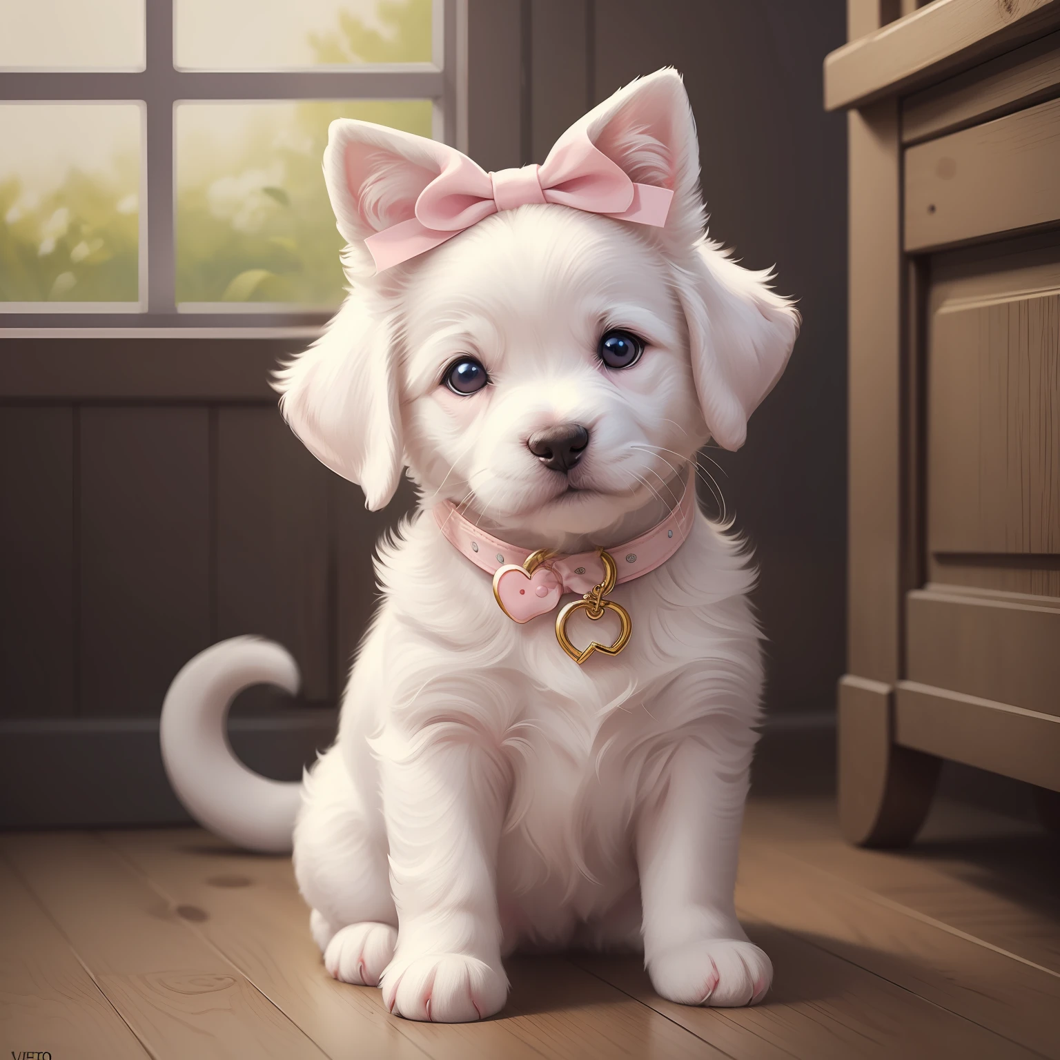There is a painting of a baby white puppy, he's sitting, wearing a pink bow around the neck, orelhas cor-de-rosa, cute illustration, Kawai, vetor, circunstanciado, beautiful illustration