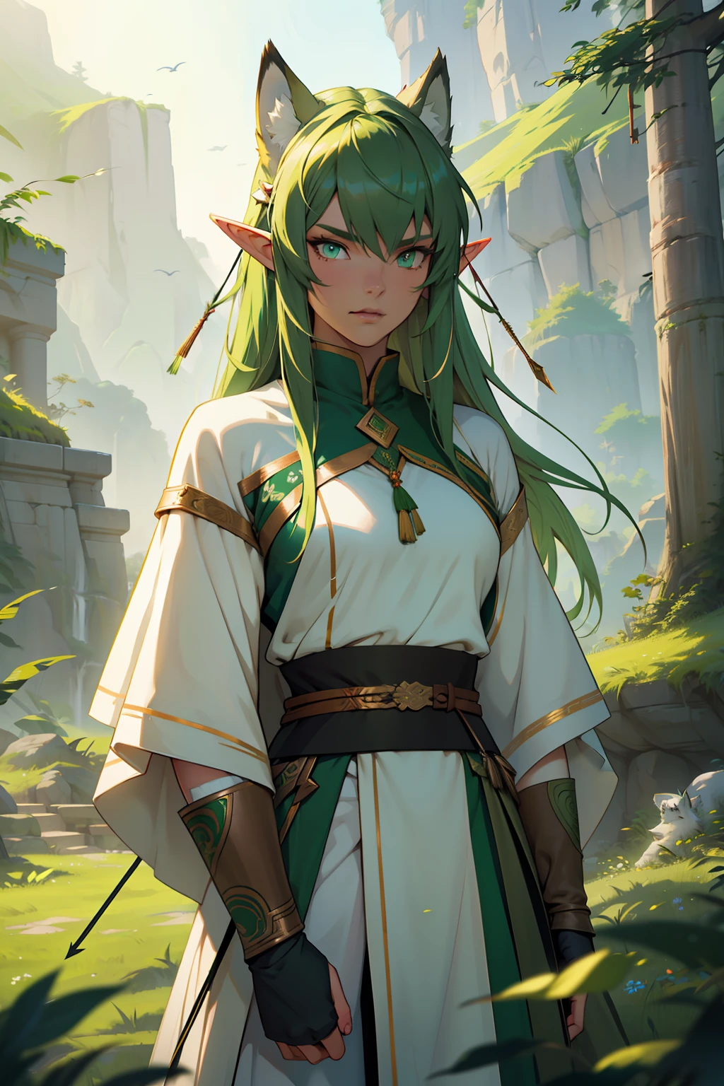 The facial features are clear and three-dimensional，Masterpiece，Highest quality，Sexy elf female，Green hair，bronze skin，Wearing a white wolfskin coat，Danfeng Eyes，hunters，Draw bows and arrows，archer，Indian civilization，shaman，Wolf Totem，Elves，earth，nature elements，Green Wind Elemental Magic，depth of fields，