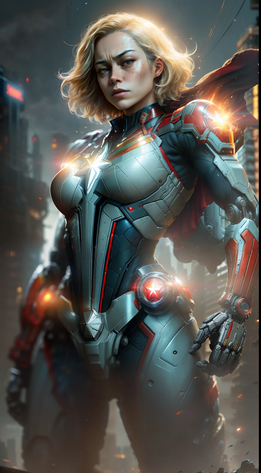 Captain marvel from Marvel photography, biomechanics, complex robot, red, full growth, hyper-realistic, crazy little details, incredibly clean lines, cyberpunk aesthetic, masterpiece featured on Zbrush Central, cyberpunk city backdrop