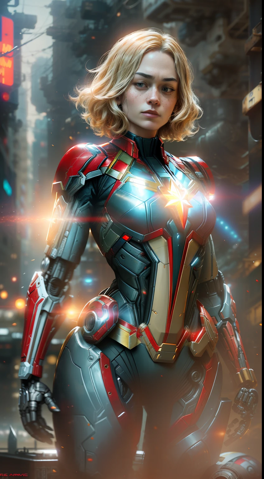 Captain marvel from Marvel photography, biomechanics, complex robot, red, full growth, hyper-realistic, crazy little details, incredibly clean lines, cyberpunk aesthetic, masterpiece featured on Zbrush Central, cyberpunk city backdrop