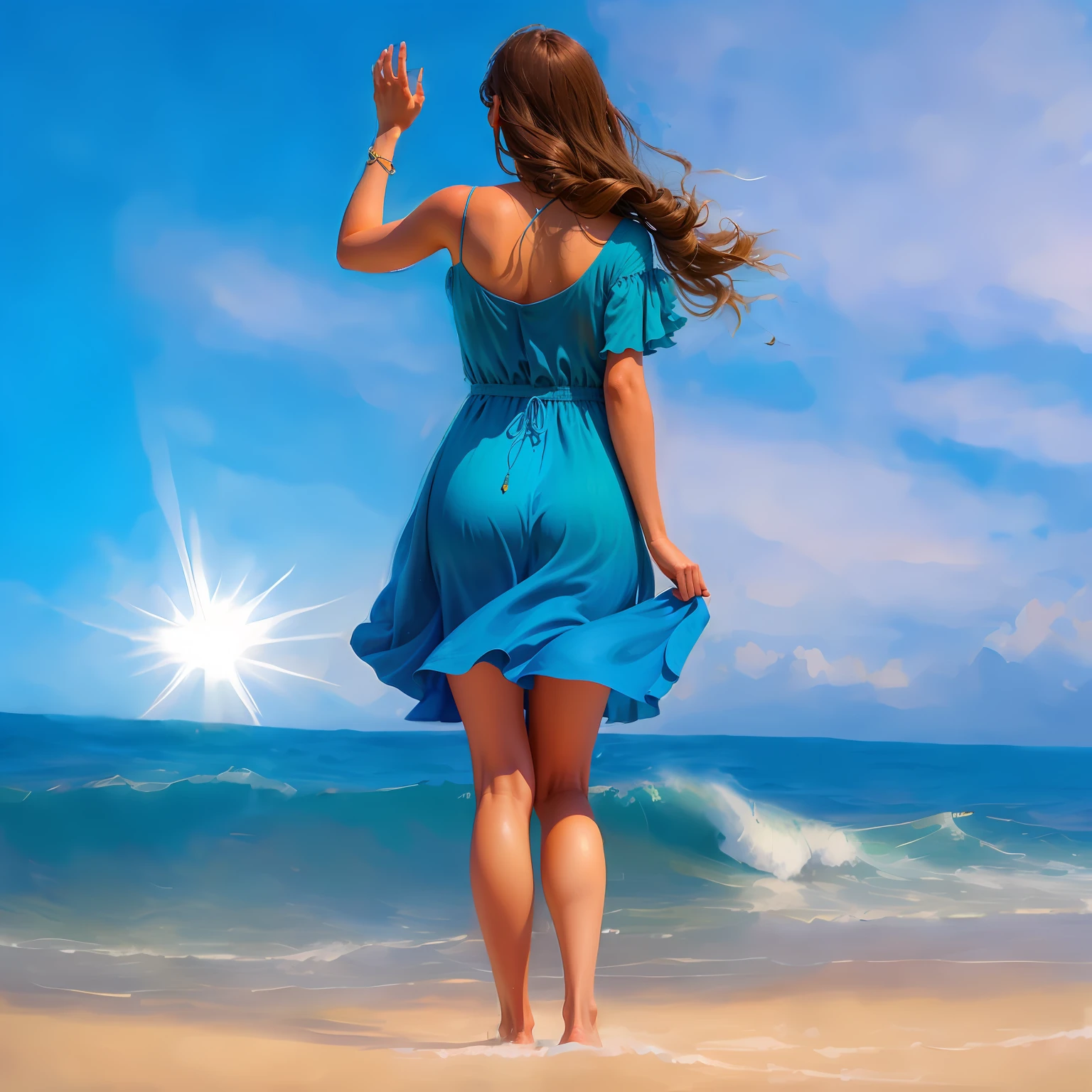 A girl with long brown hair on her back raising a hand in a short silk dress. Suave viento despeina un poco su cabello. Una puesta de sol absolutamente fascinante sobre la playa, con una mezcla de celestes naranjas, y amarillos que llenan el cielo. Las aguas cristalinas del mar besan suavemente la orilla, con una playa de arena blanca que se extiende a lo largo y ancho. The scene is dynamic and impressive, con gaviotas volando alto en el cielo y palmeras que se balancean suavemente. Enjoy the relaxing atmosphere and let peace flood you.