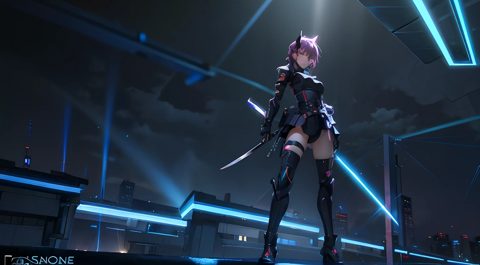 one-girl，Stand on the roof，Holding a katana，cyber punk perssonage，with light glowing