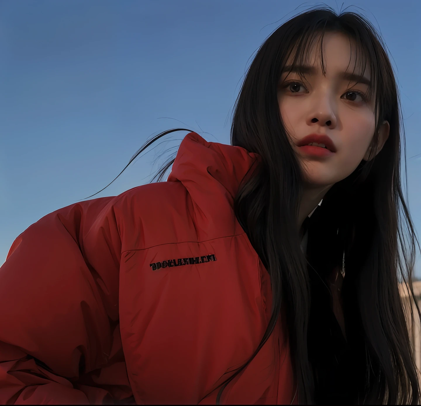 Woman in a red jacket with a blue sky in the background, Ulzzang, she is wearing streetwear, Jinyoung Canela, menina coreana, aesthetic!!!!!!!!!!, foto de perfil, 🤤 retrato da menina, jaqueta vermelha, lofi girl aesthetic, asthetic, menina lofi, Kim Doyoung, frio, suit jacket, com franja, vestindo jaqueta vermelha, vibrant aesthetic