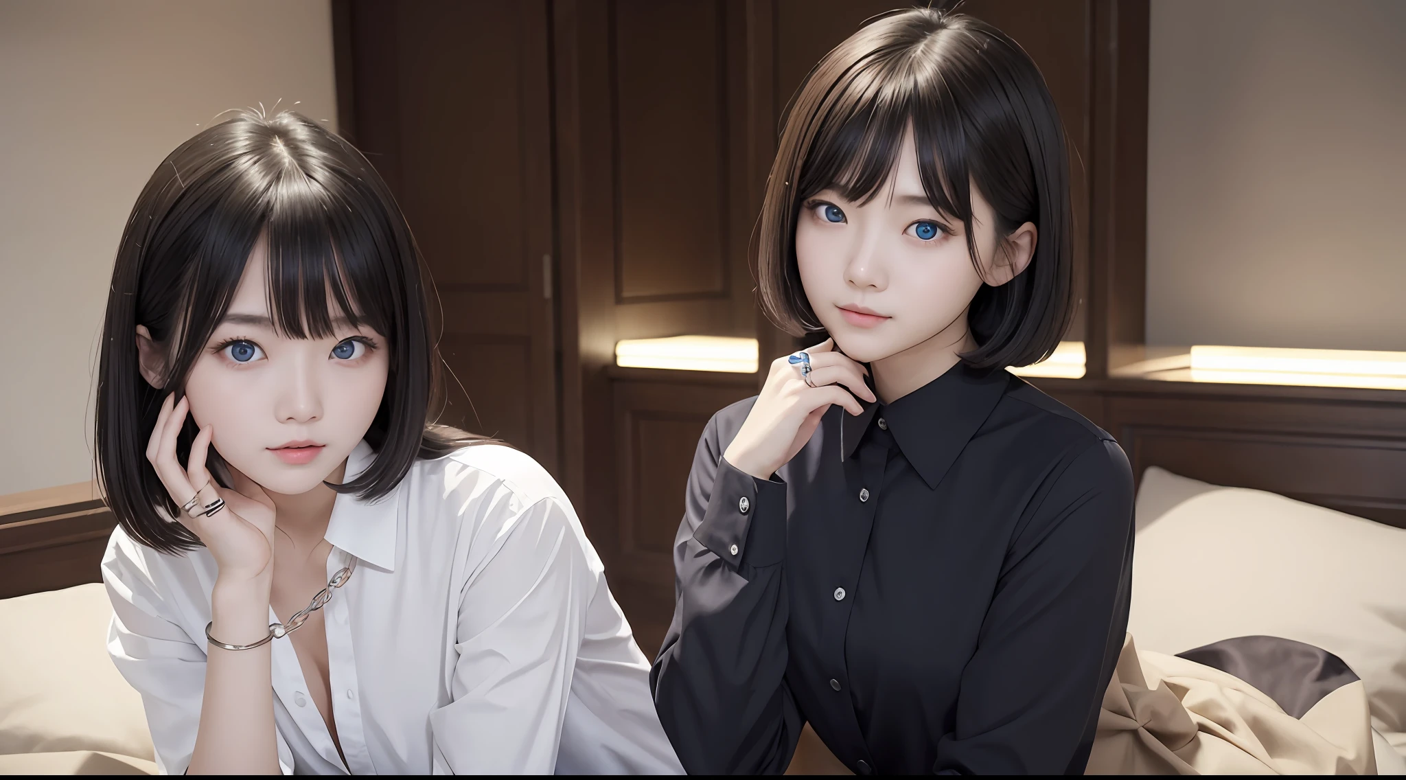 masterpiece、(Photorealsitic:1.4)、top-quality、beautiful lighting、(ulzzang-6500:0.5)、Makima \(chain saw man\)、(Bob hair)+(A dark-haired)+(bangss)、blue eyess、blue eyess、laugh、((Ring-shaped eyes))、RAW Photography、8k UHD、film grains、1girl in, 21years old, 详细的脸, beauty face, placid, OL, black suits, Shirt Open, full bodyesbian, interactive, (frombelow: 1.6), Hyper-detailing, Hi-Res, sitting on, crawl, Realisticity, pureerosface_v1 ulzzang-6500-v1.1