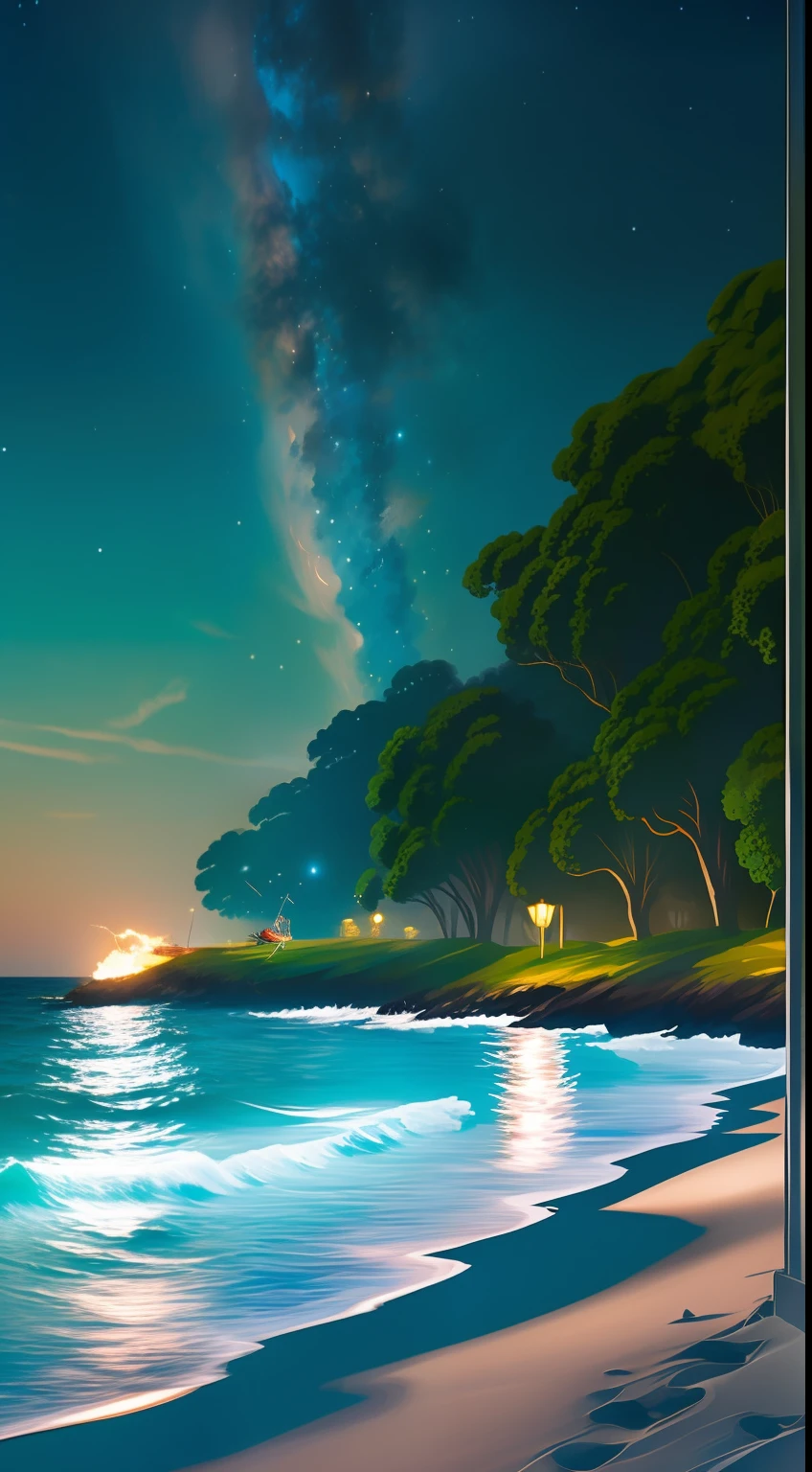 On summer nights,There is a light blue starry sky,beachside,meteors,fire works,The beach is full of blue roses and green plants,by Ivan Aivazovsky and Dan Mumford,The trend is in CGsociety,the soft light,Fairytale,dream magical,shallowdepthoffield,rendering by octane,8 k hd wallpaper,f8:3 8K HD --ar 9:16
