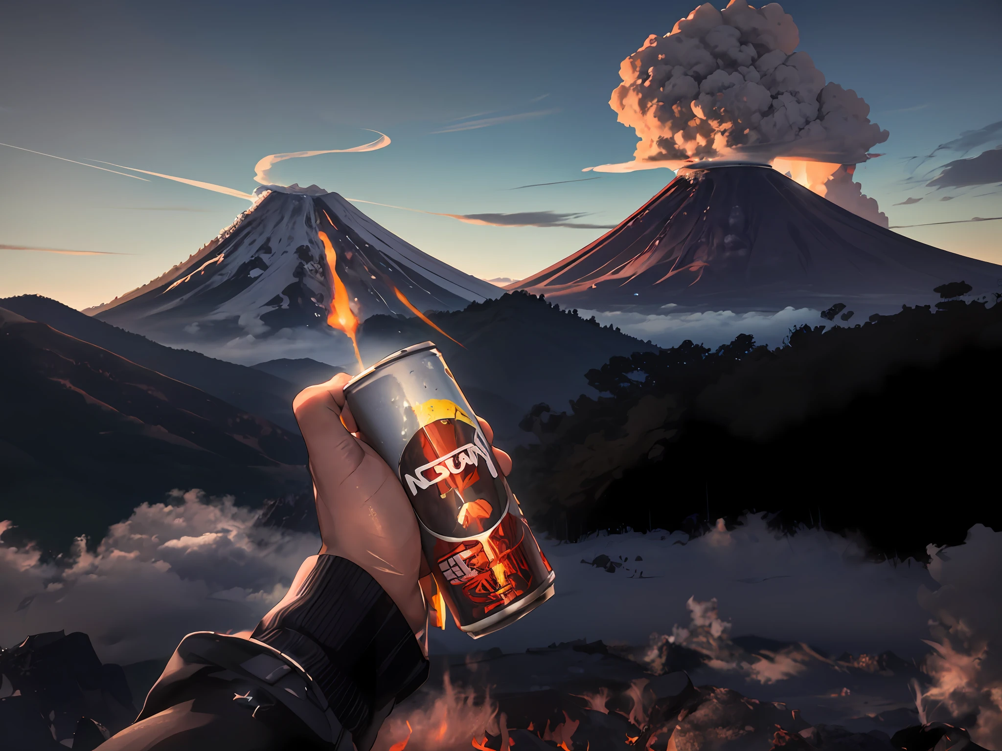 someone holding a can of beer in their hand with a mountain in the background, holding a can of beer, moutain in background, with a volcano in the background, coban, holding beer, chill time. good view, volcanoes in the background, mountain in the background, holding a beer!!, volcano in the background, holding a beer, with sunset