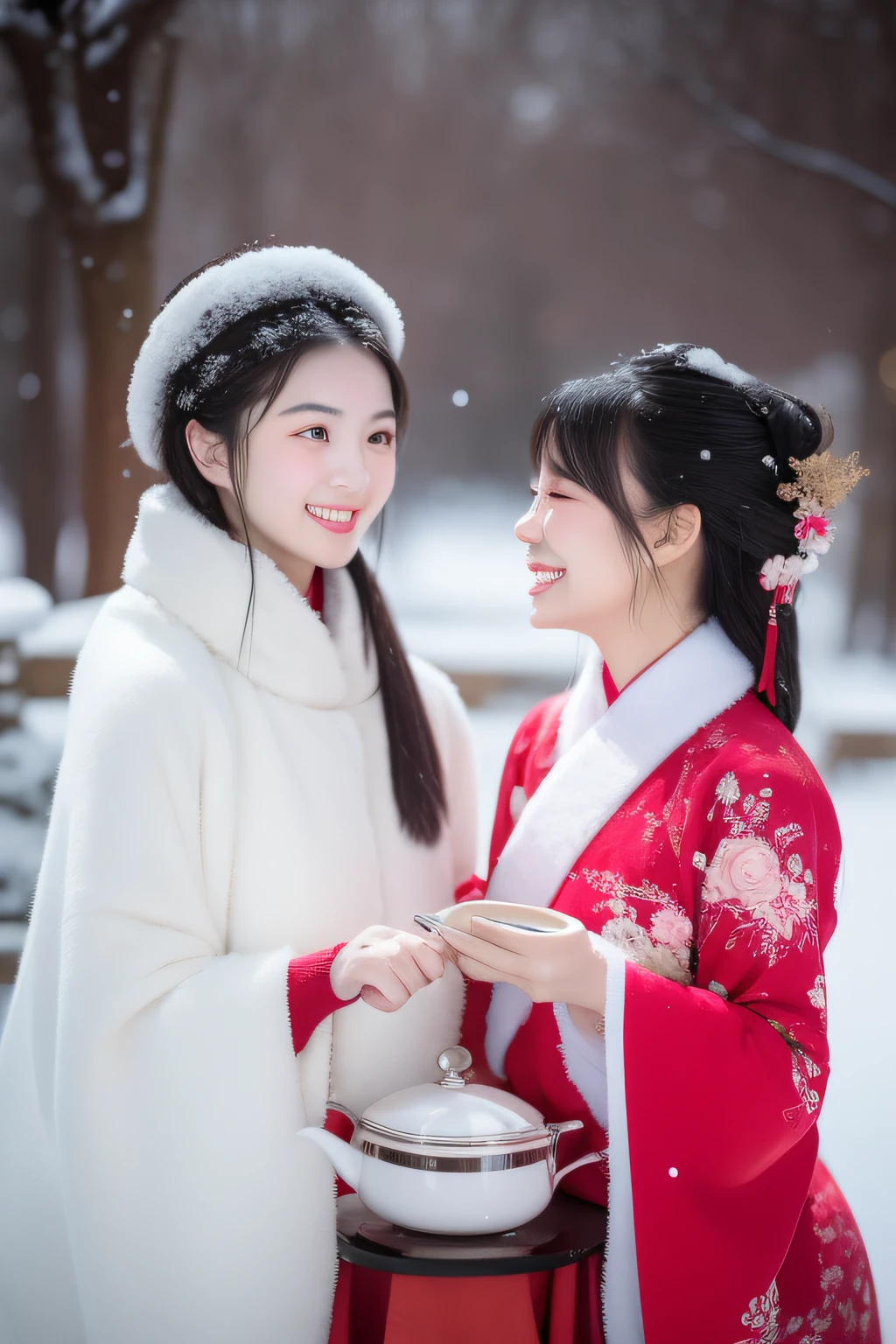 Make tea in a red stove,Meet in the snow,Meet friends。The two Hanfu women had joyful smiles on their faces
