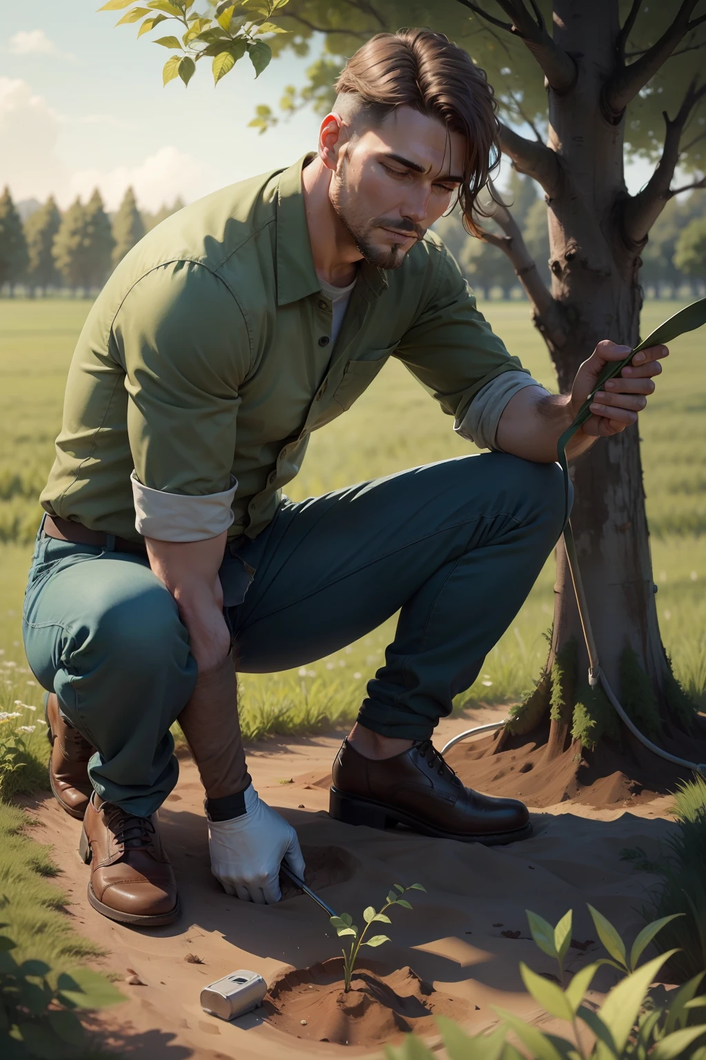 Realistic man planting trees in a green field