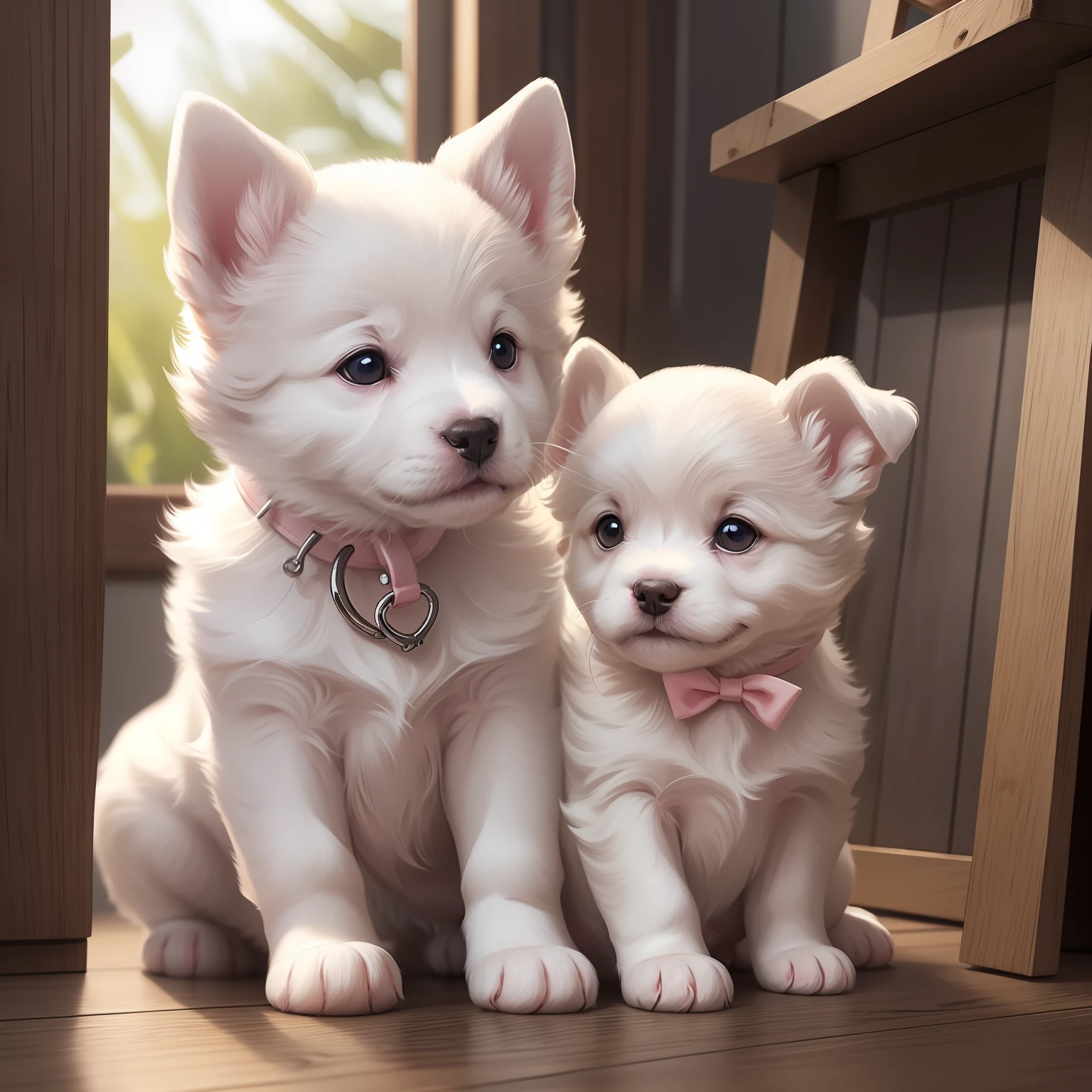 There is a painting of a white puppy, he's sitting, wearing a pink bow around the neck, orelhas cor-de-rosa, cute illustration, Kawai, vetor, circunstanciado, beautiful illustration