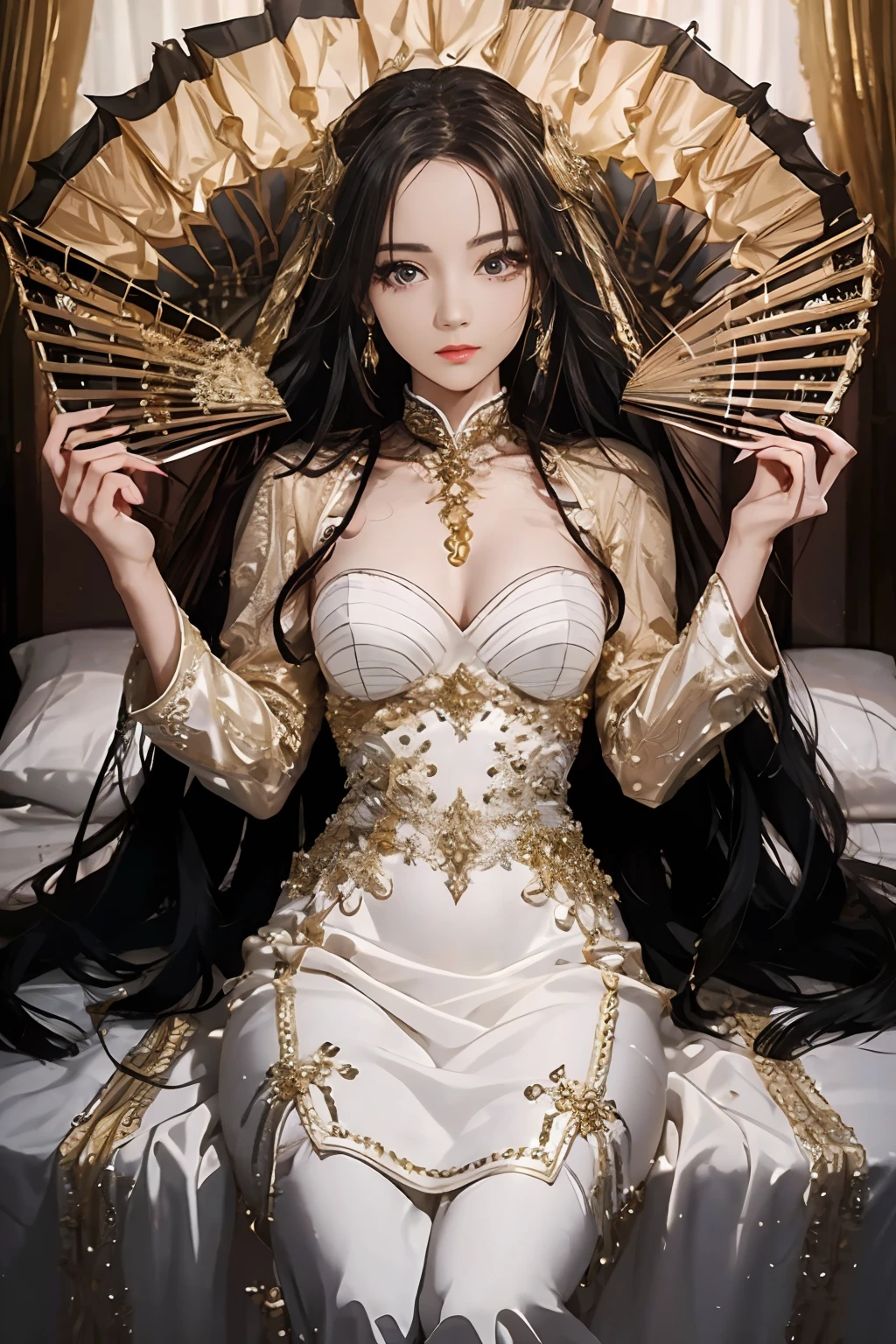 ((Best Quality)), ((Ultra High Resolution)), ((Realistic)), Fine details, Age 19 on Appearance, Black hair, Perfect face shape, Moderate Makeup:1.5, Face lighting, Accentuating Details, Long hair, Wearing Chinese Wedding Dress, Gold Headgear Decoration, Holding a fan, Red Wedding Dress Extra Points: 1.3, Gold Dress Details. portrait of a full body, windows, a bed, drapes, Candlelight, present a picture of a long-range pose.