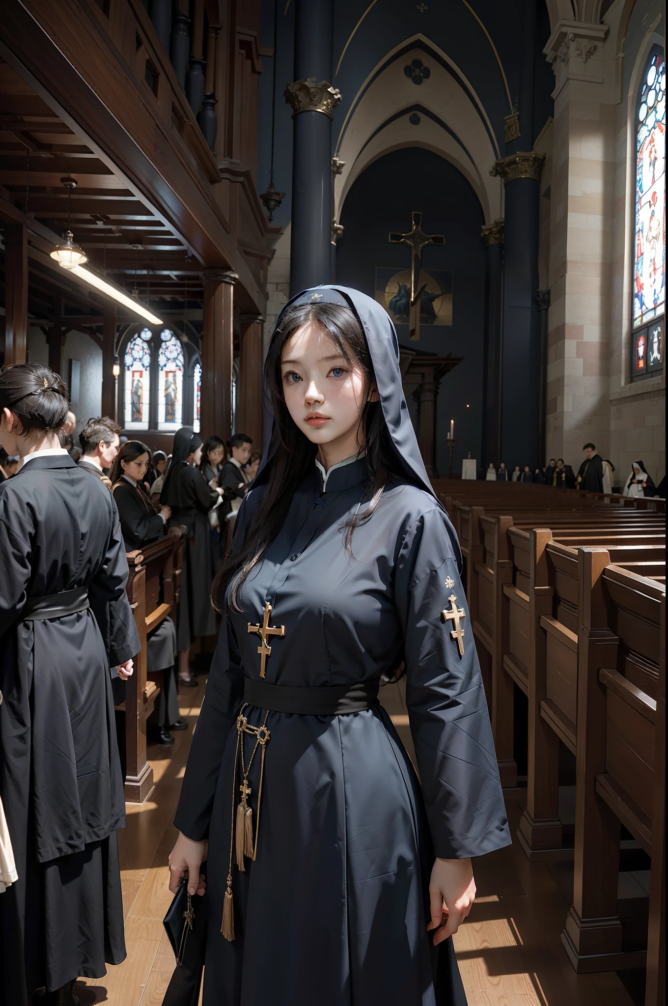 Best picture quality，Masterpiece level，超高分辨率，Realistic CG unity 8K wallpaper，RAW photogr，one-girl，Black nun dress，blue color eyes，The background is the interior of the church，Fresh and unearthly，divino。