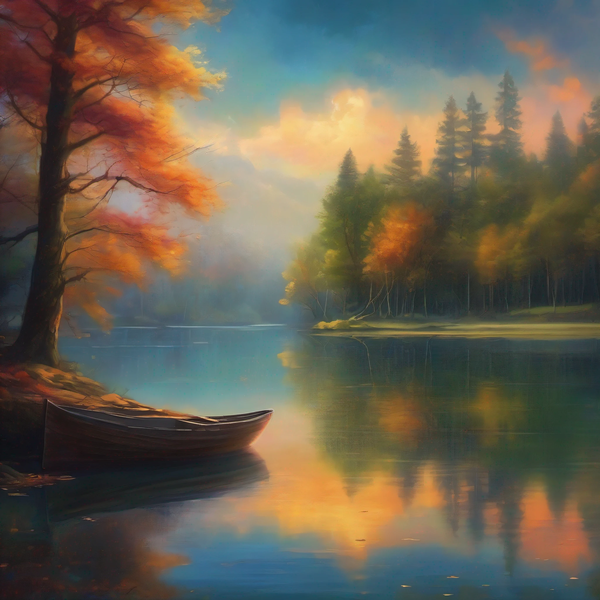 On the edge of a tranquil lake, surrounded by majestic trees, uma mulher encantadora sorri com ternura e graciosidade, em um estilo de pintura digital exuberante e encantador.
