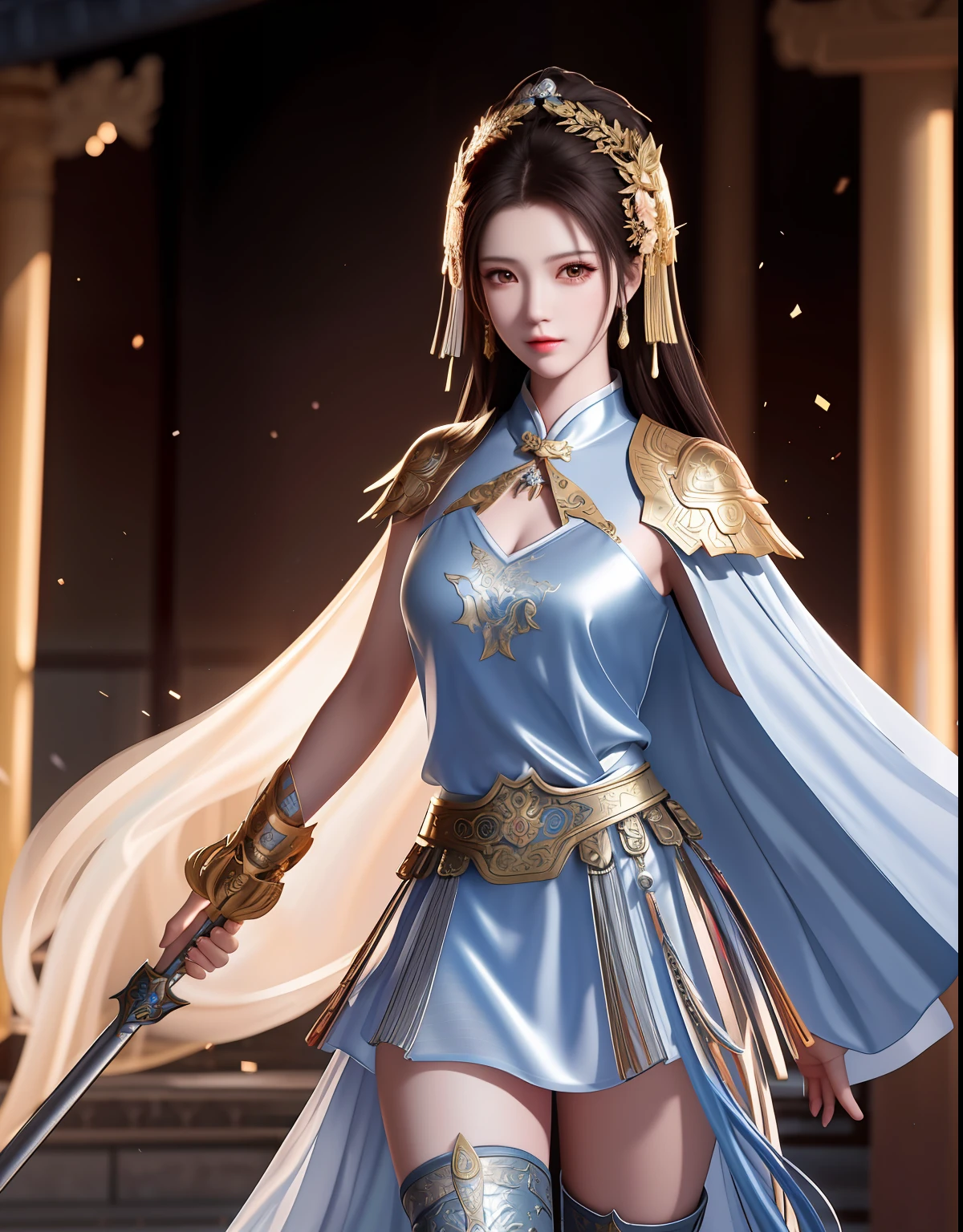 best quality, masterpiece, high resolution, 1girl, ancient chinese battlefield background, metal armor, cape, metal collar, ancient spear, hair ornament, necklace, jewelry, beautiful face, upon_body, tyndall effect, realistic, dark studio, edge lighting, duotone lighting, (high detail skin:1.2), 8k uhd, dslr camera, soft lighting, high quality, volumetric lighting, frank, photos, high resolution, 4k, 8k, bokeh, silver bikini armor, Ancient metal spear, chest embroidered phoenix, metal cuirass, tight, bare arms, weapons, short bracers, stockings, weapons