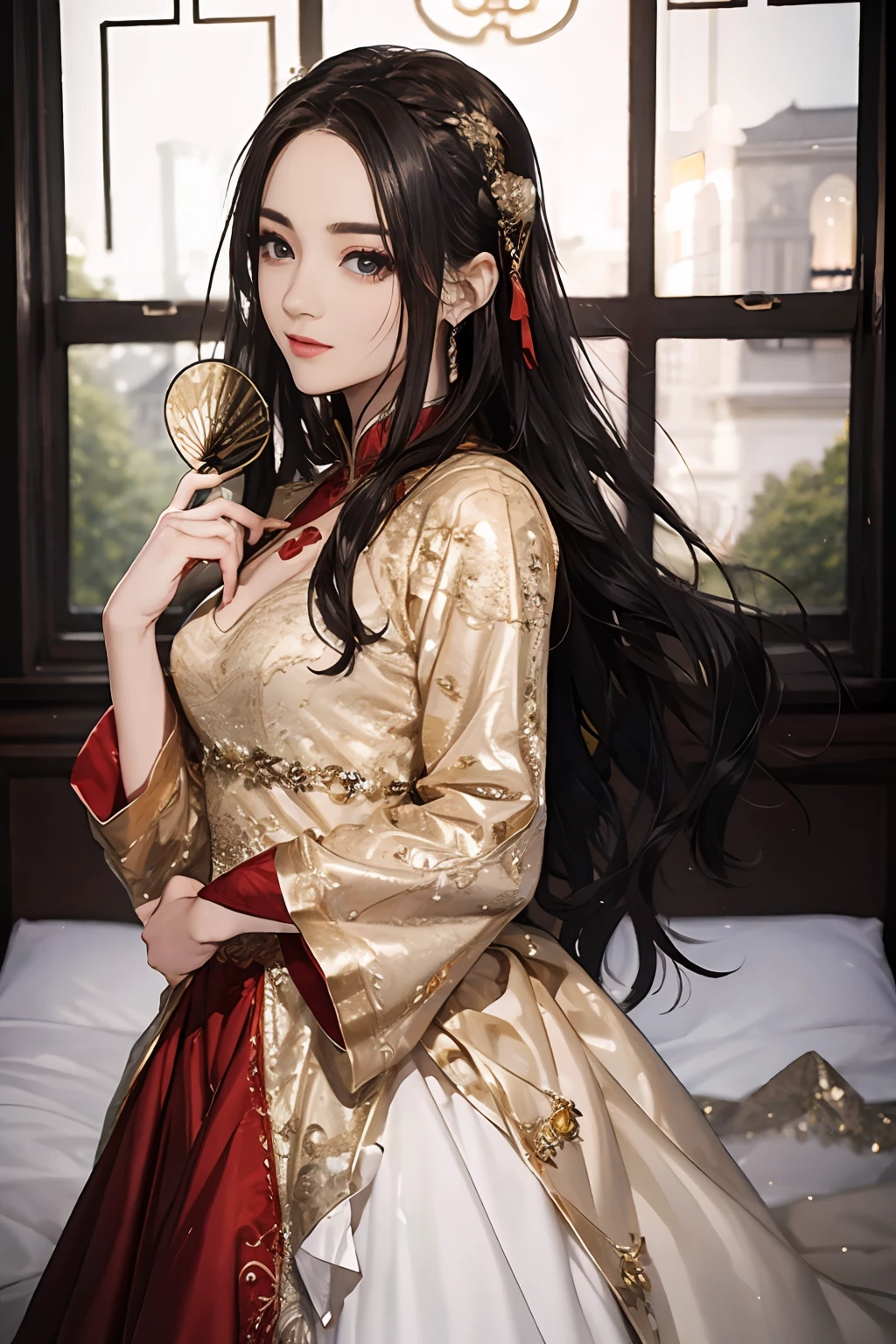 ((Best Quality)), ((Ultra High Resolution)), ((Realistic)), Fine details, Age 19 on Appearance, Black hair, Perfect face shape, Moderate Makeup:1.5, Face lighting, Accentuating Details, Long hair, Wearing Chinese Wedding Dress, Gold Headgear Decoration, Holding a fan, Red Wedding Dress Extra Points: 1.3, Gold Dress Details. portrait of a full body, windows, a bed, drapes, Candlelight, present a picture of a long-range pose.