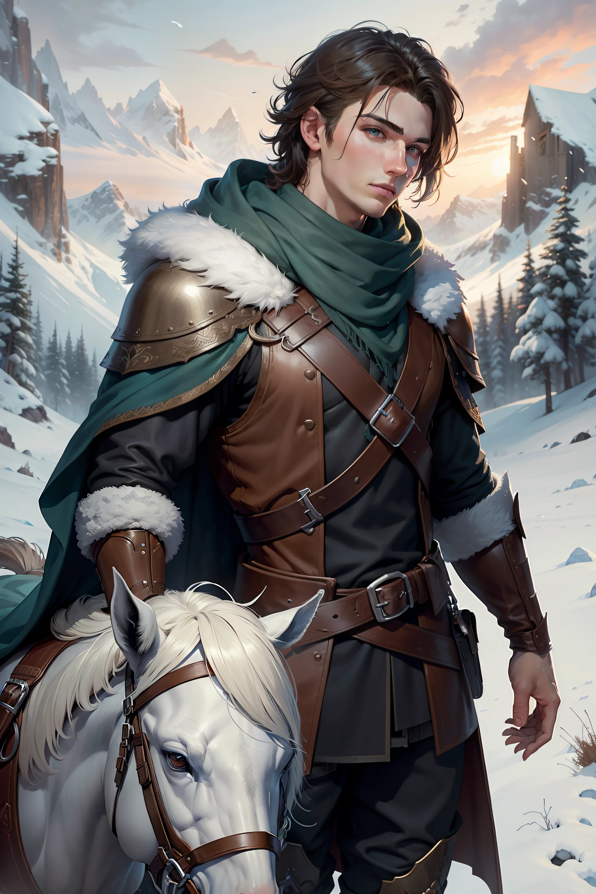 There are men and horses in the snow, rpg book portrait, fantasy rpg book illustration, young adult fantasy novel cover, fantasy genre portrait, Alpine Boy, epic full color illustration, inspired in kris from deltarrune, novel cover art for a book, inspired by Magali Villeneuve, romance novel cover, inspired by Johannes Helgeson